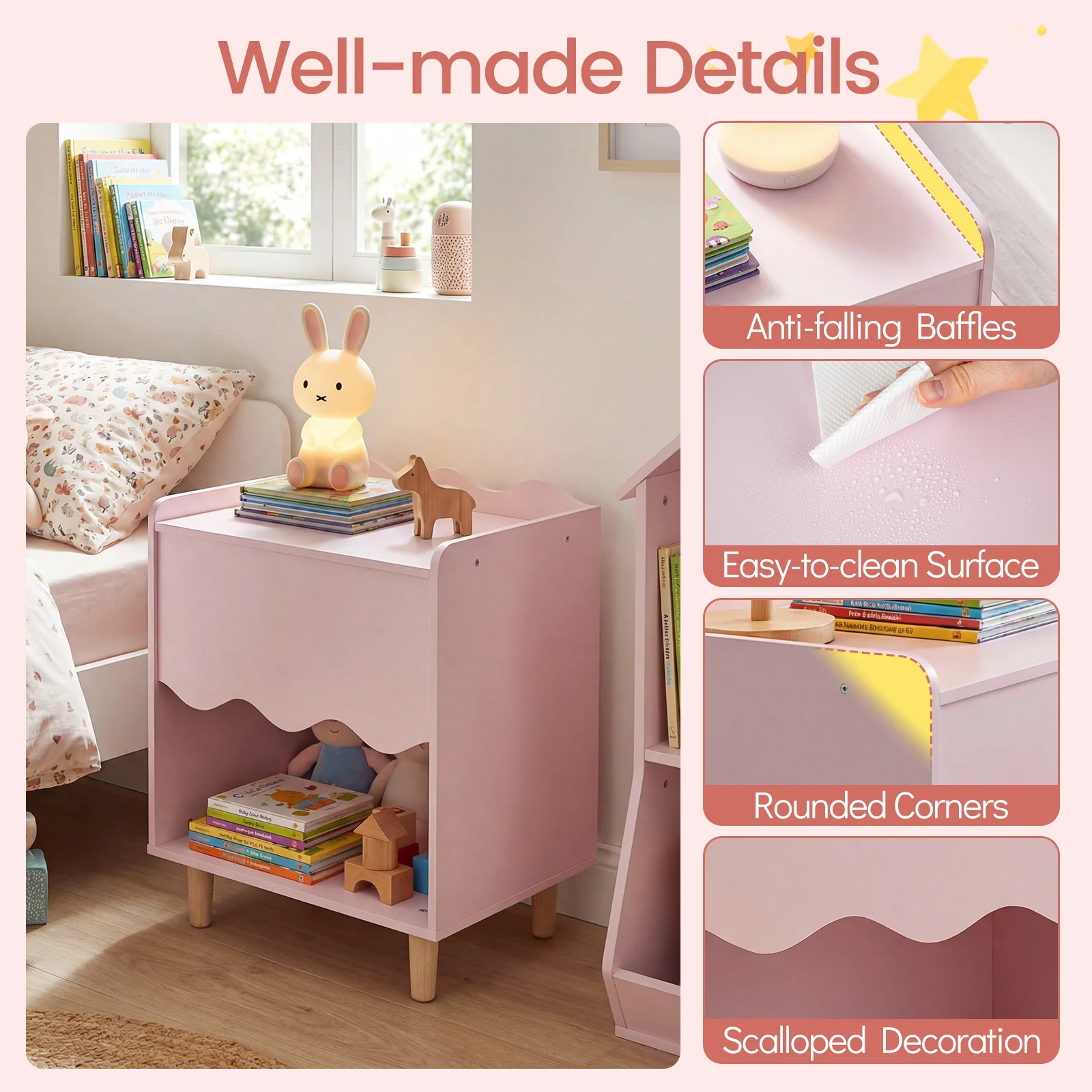 HONEY JOY Kids Bedside Table, Toddler Nightstand with Wide Top & Open Compartment - Image 8