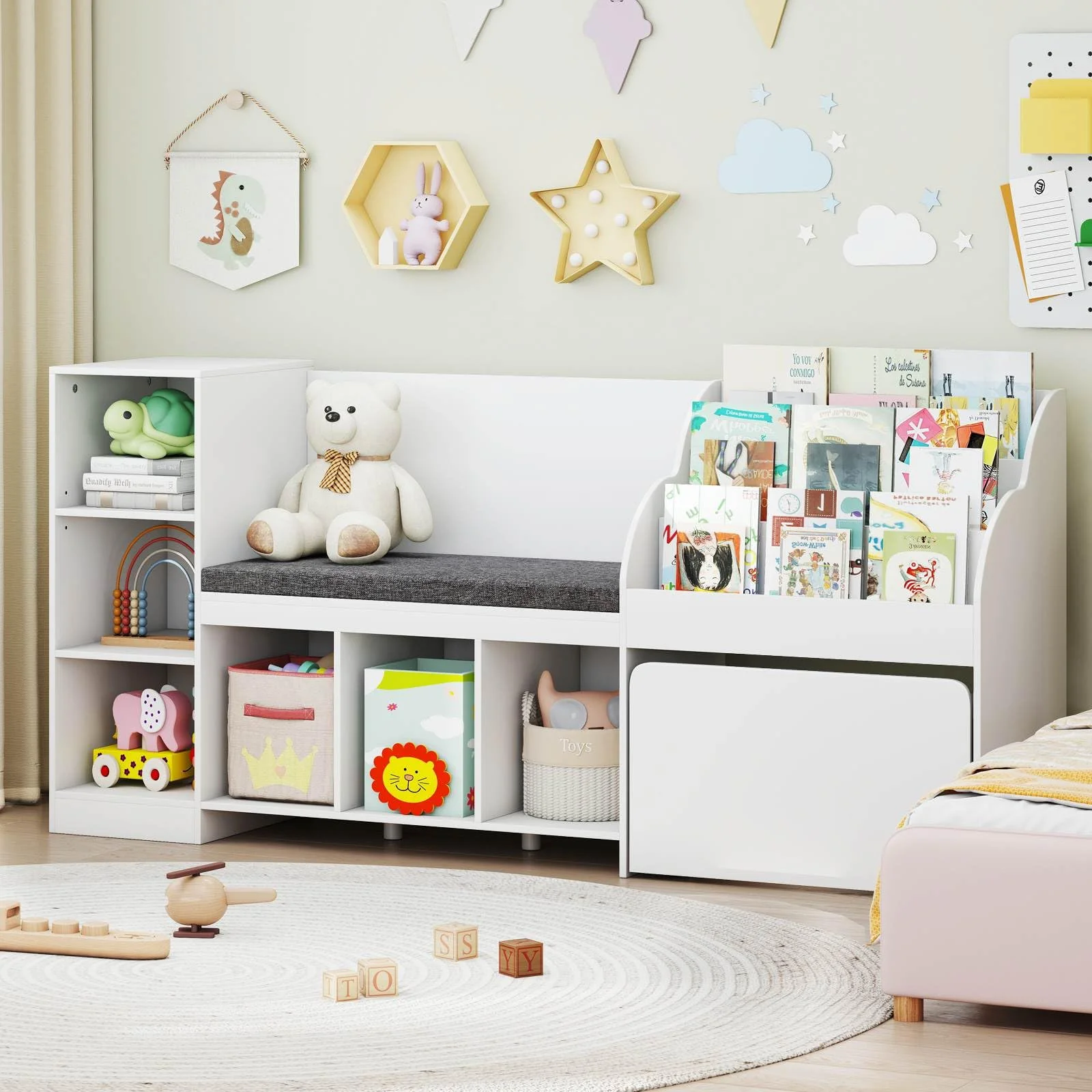 HONEY JOY Kids Bookcase Reading Nook, 4-in-1 Standing Toy Organiser - Image 2