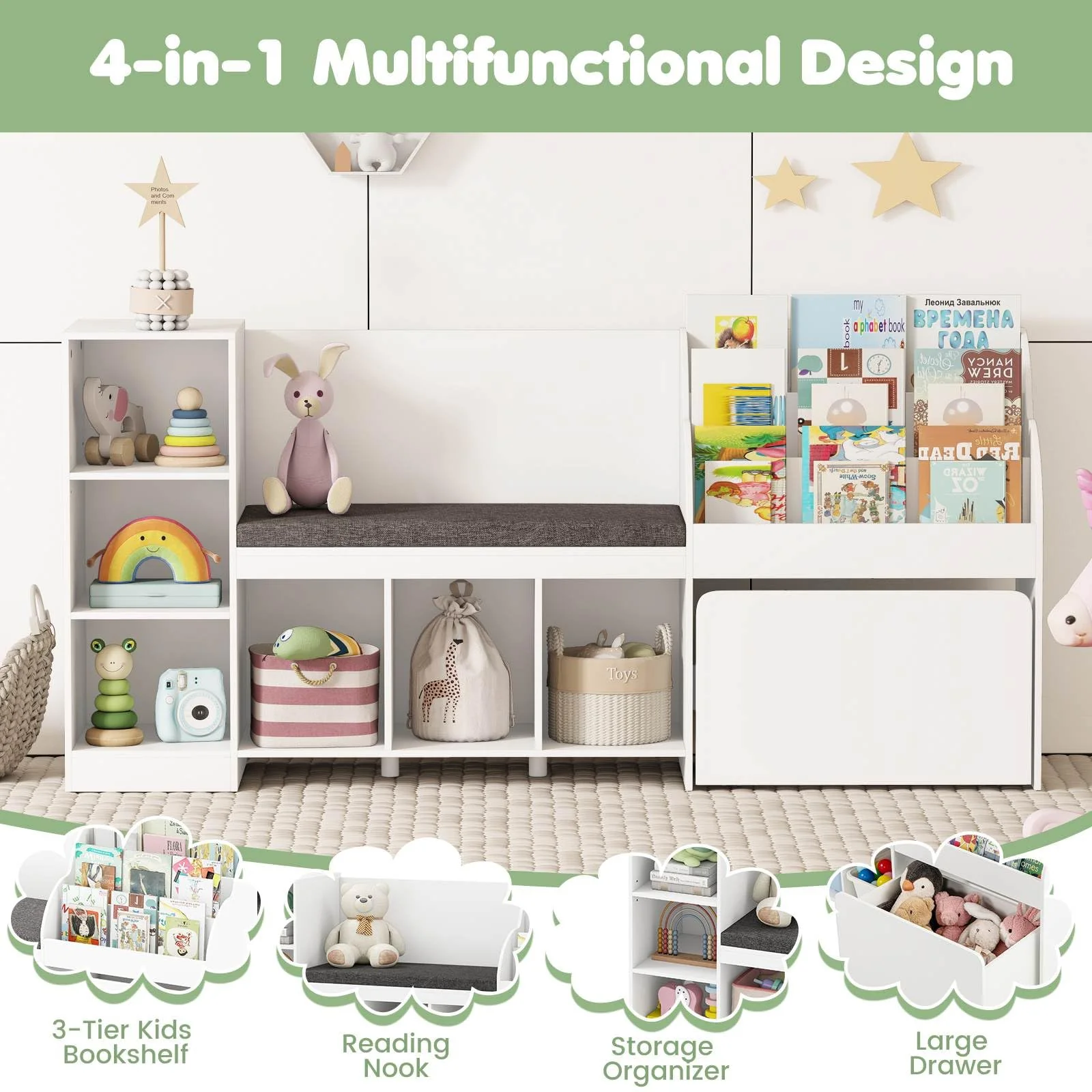 HONEY JOY Kids Bookcase Reading Nook, 4-in-1 Standing Toy Organiser - Image 4