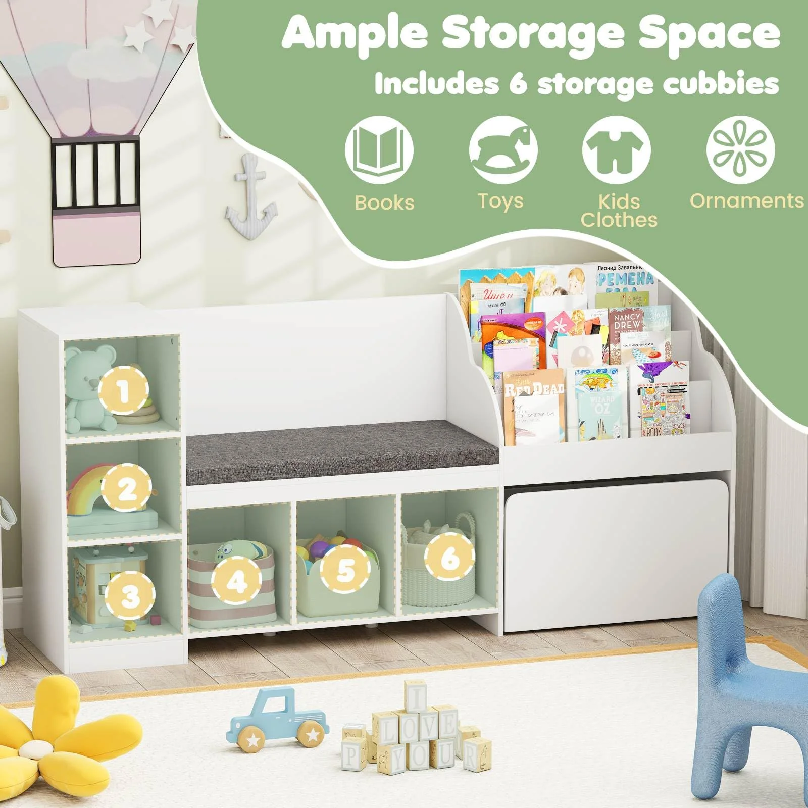 HONEY JOY Kids Bookcase Reading Nook, 4-in-1 Standing Toy Organiser - Image 5