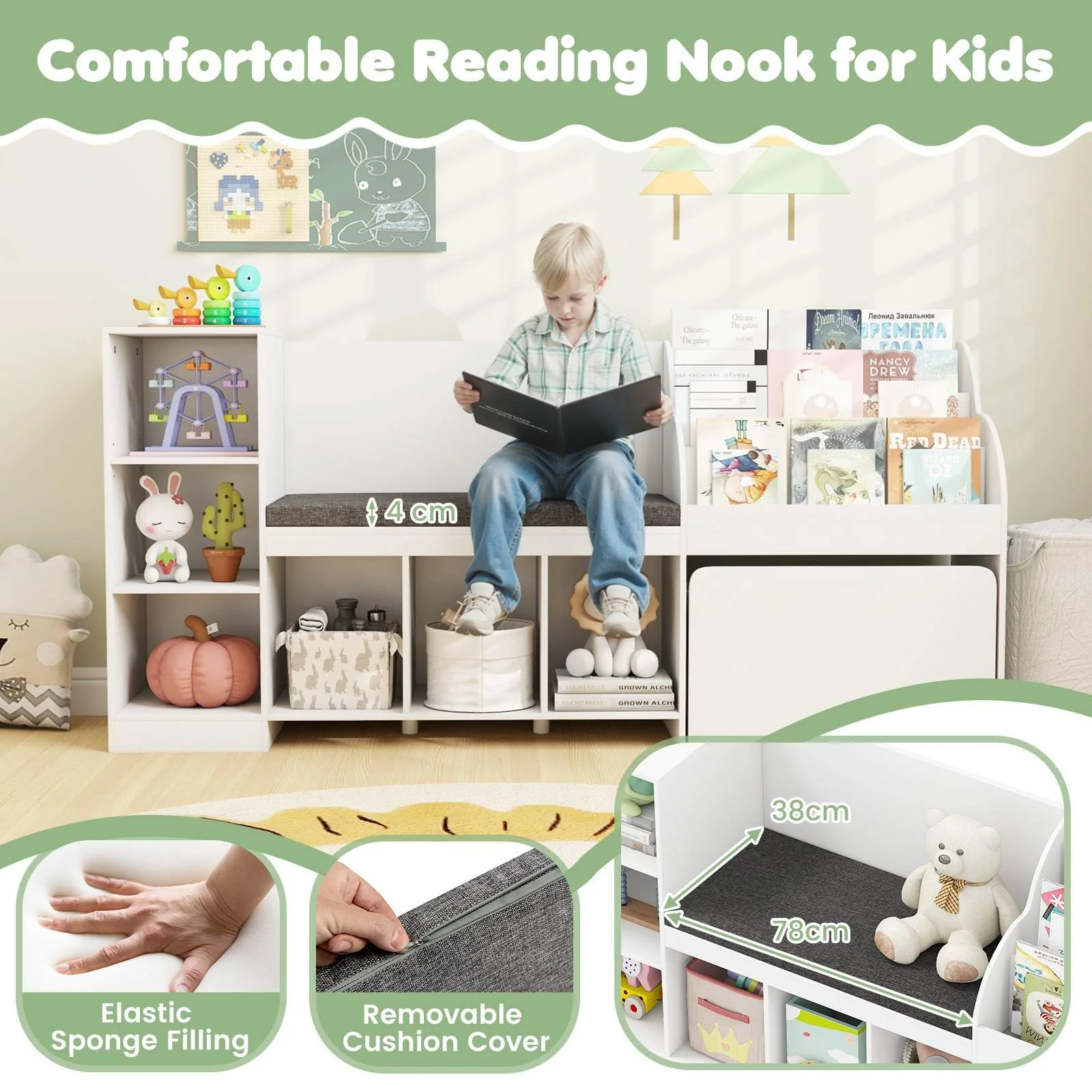 HONEY JOY Kids Bookcase Reading Nook, 4-in-1 Standing Toy Organiser - Image 6