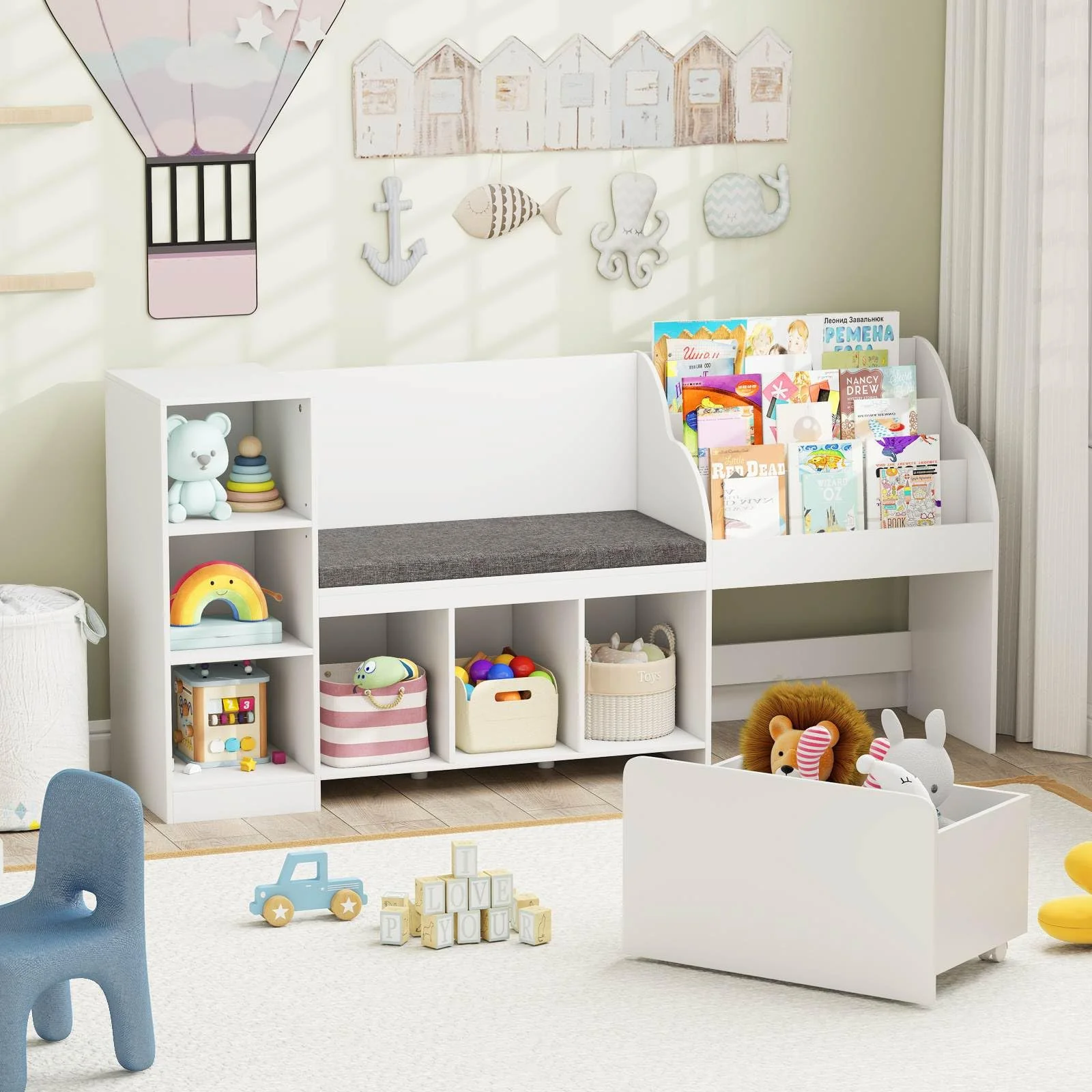 HONEY JOY Kids Bookcase Reading Nook, 4-in-1 Standing Toy Organiser - Image 9