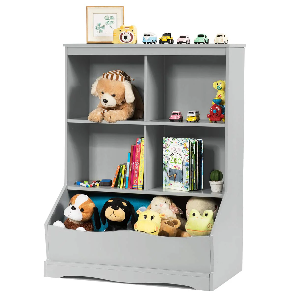 HONEY JOY Kids Bookshelf, 3-Tier Toy Storage Organiser for Children w/4 Open Compartments and 1 Box - Image 10