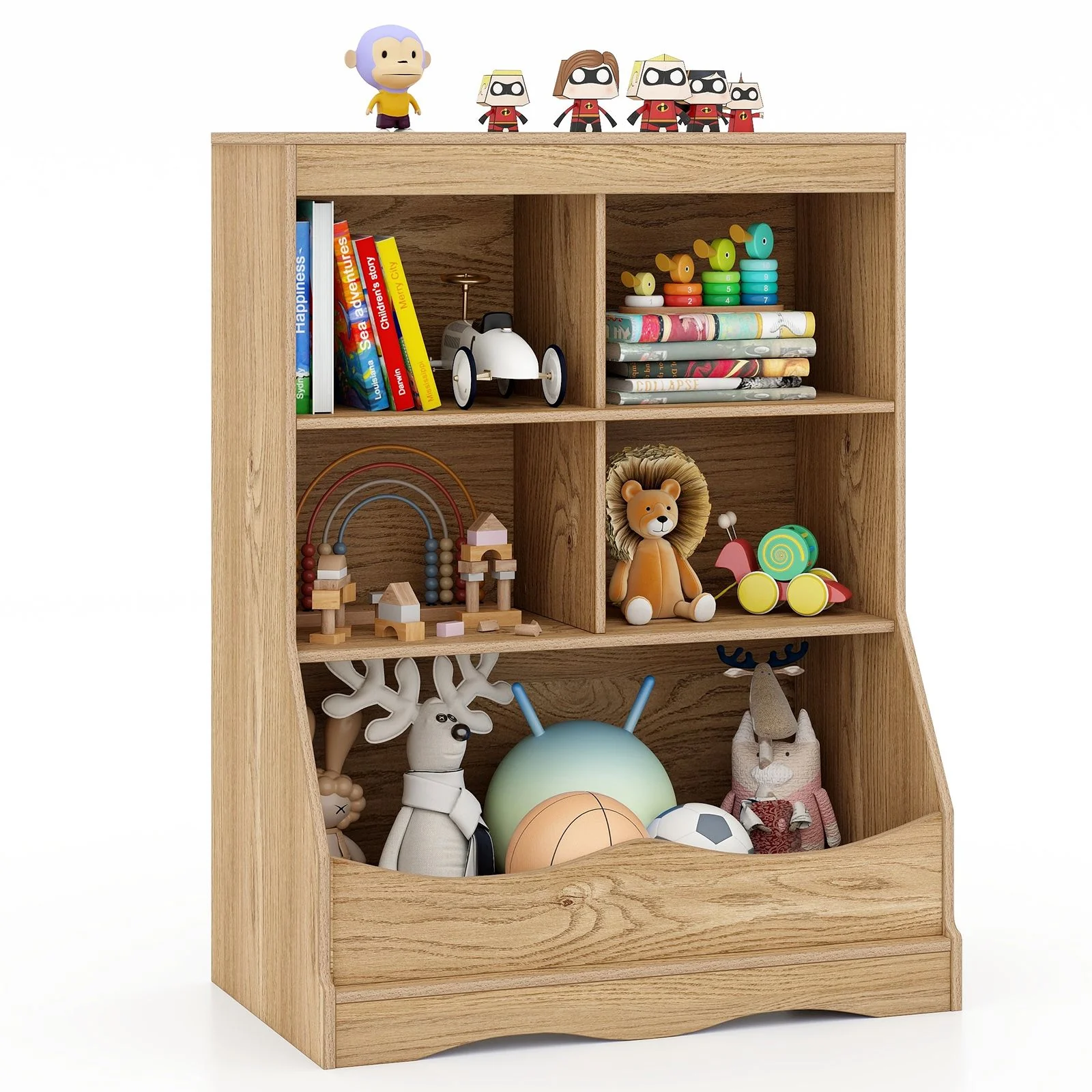 HONEY JOY Kids Bookshelf, 3-Tier Toy Storage Organiser for Children w/4 Open Compartments and 1 Box - Image 11