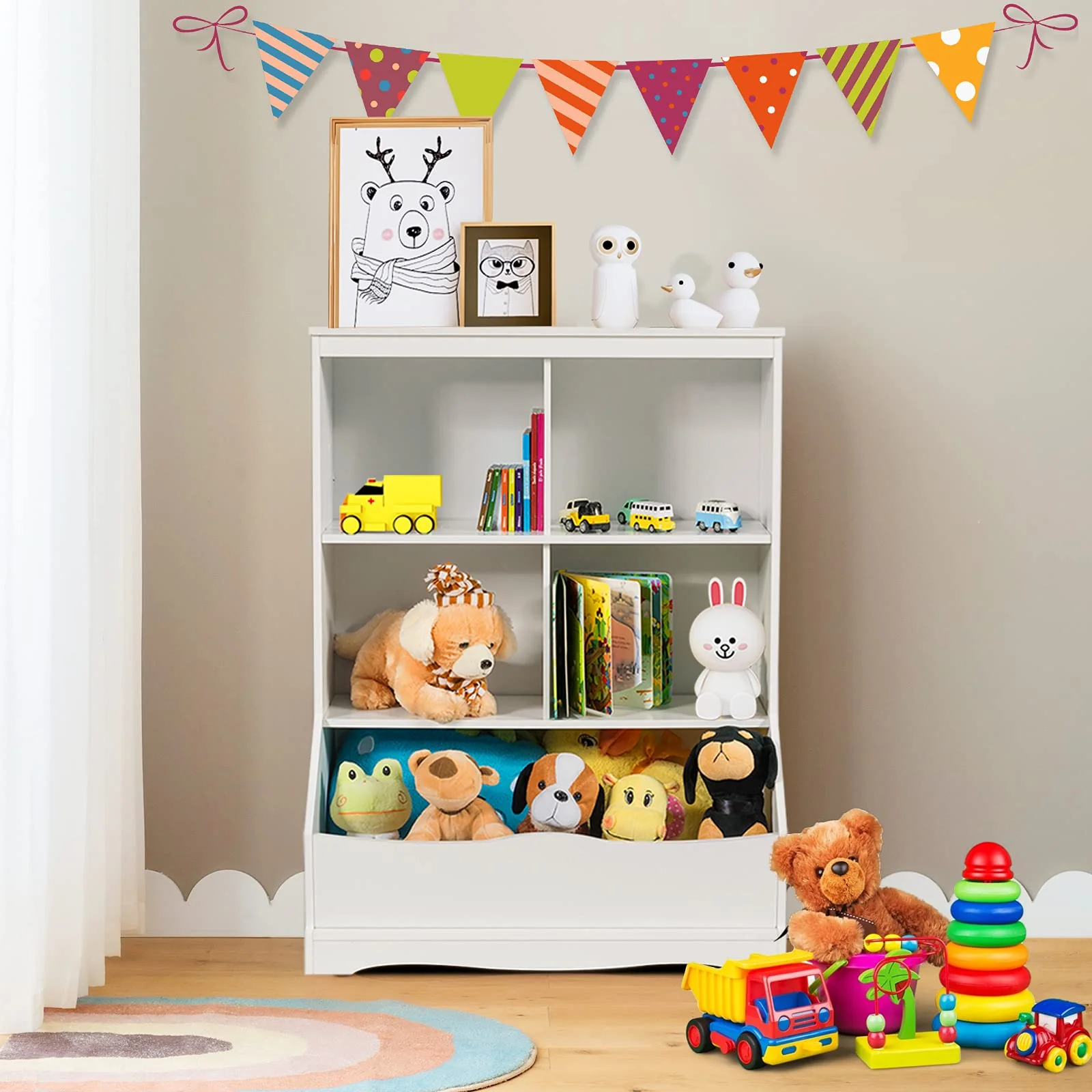 HONEY JOY Kids Bookshelf, 3-Tier Toy Storage Organiser for Children w/4 Open Compartments and 1 Box - Image 3