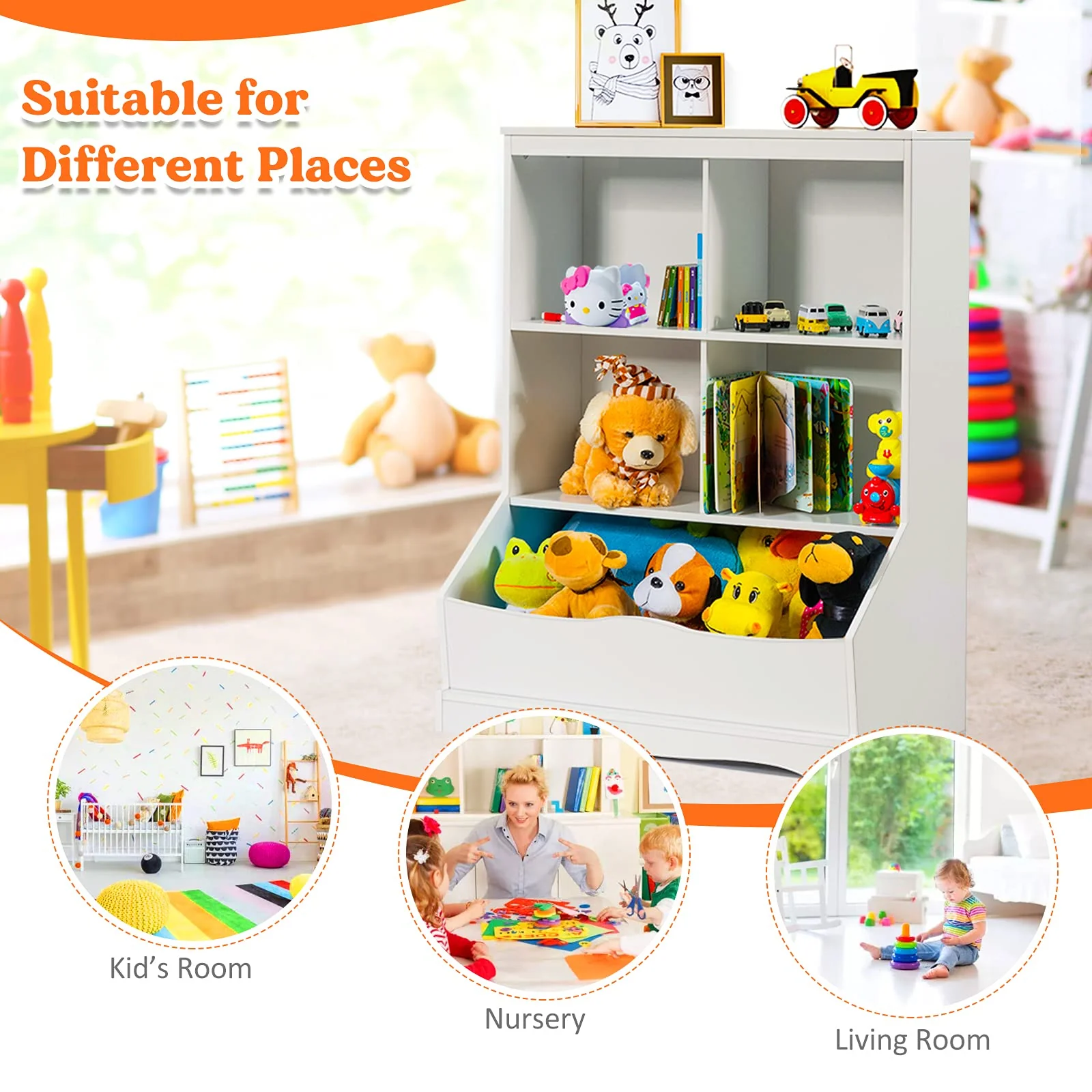 HONEY JOY Kids Bookshelf, 3-Tier Toy Storage Organiser for Children w/4 Open Compartments and 1 Box - Image 6