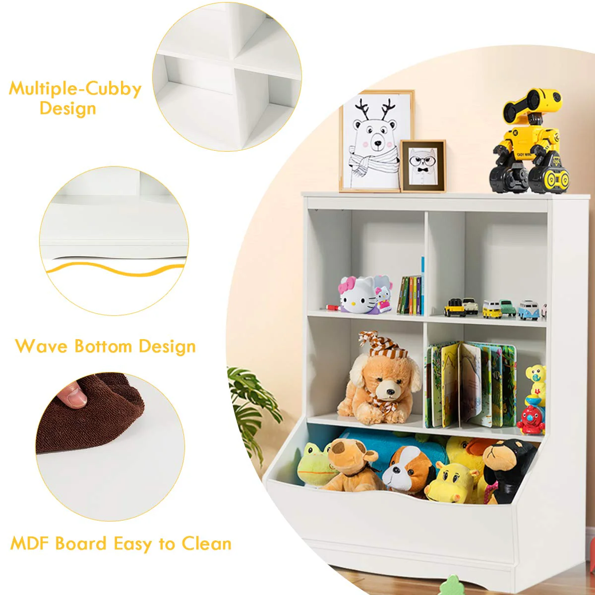 HONEY JOY Kids Bookshelf, 3-Tier Toy Storage Organiser for Children w/4 Open Compartments and 1 Box - Image 7
