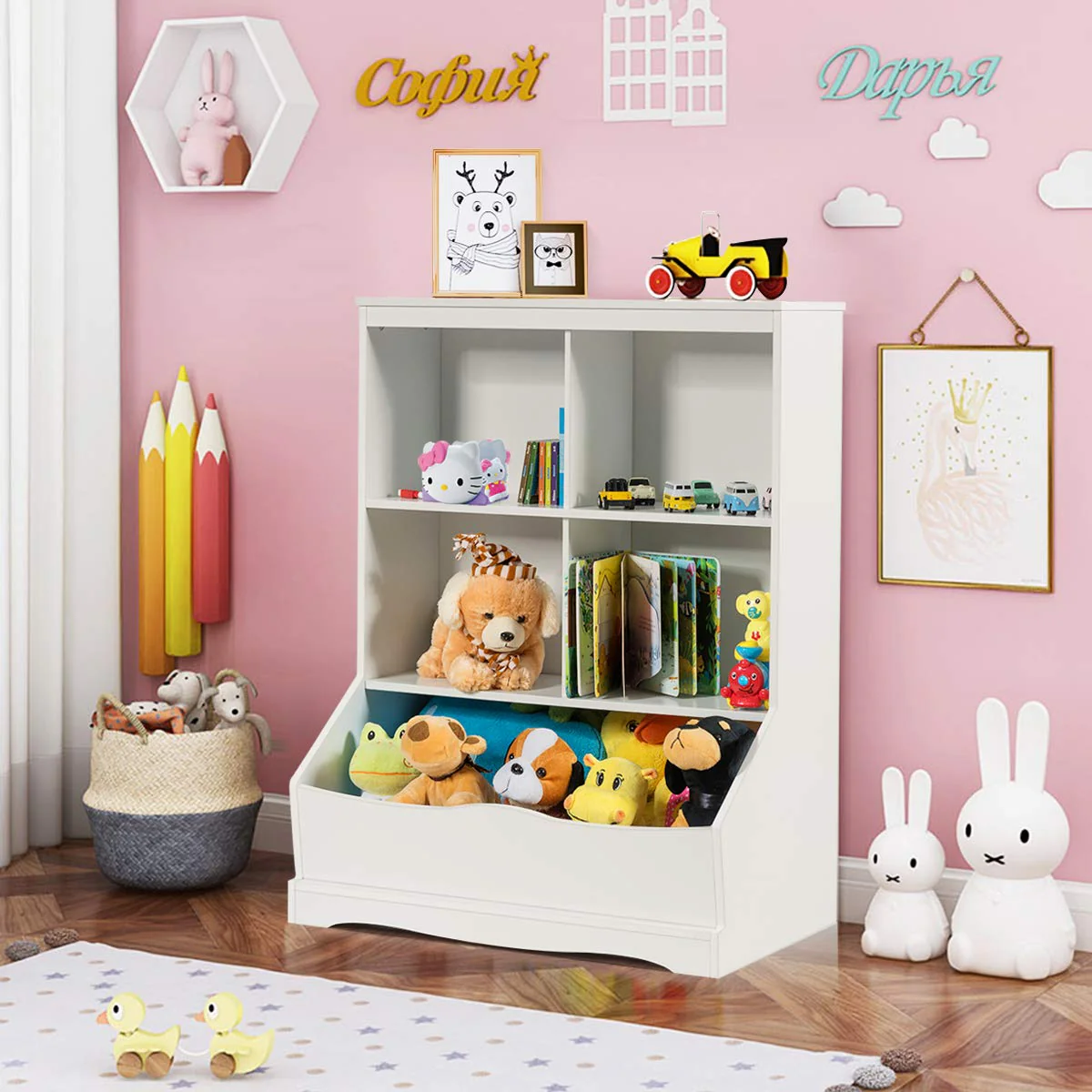 HONEY JOY Kids Bookshelf, 3-Tier Toy Storage Organiser for Children w/4 Open Compartments and 1 Box - Image 9