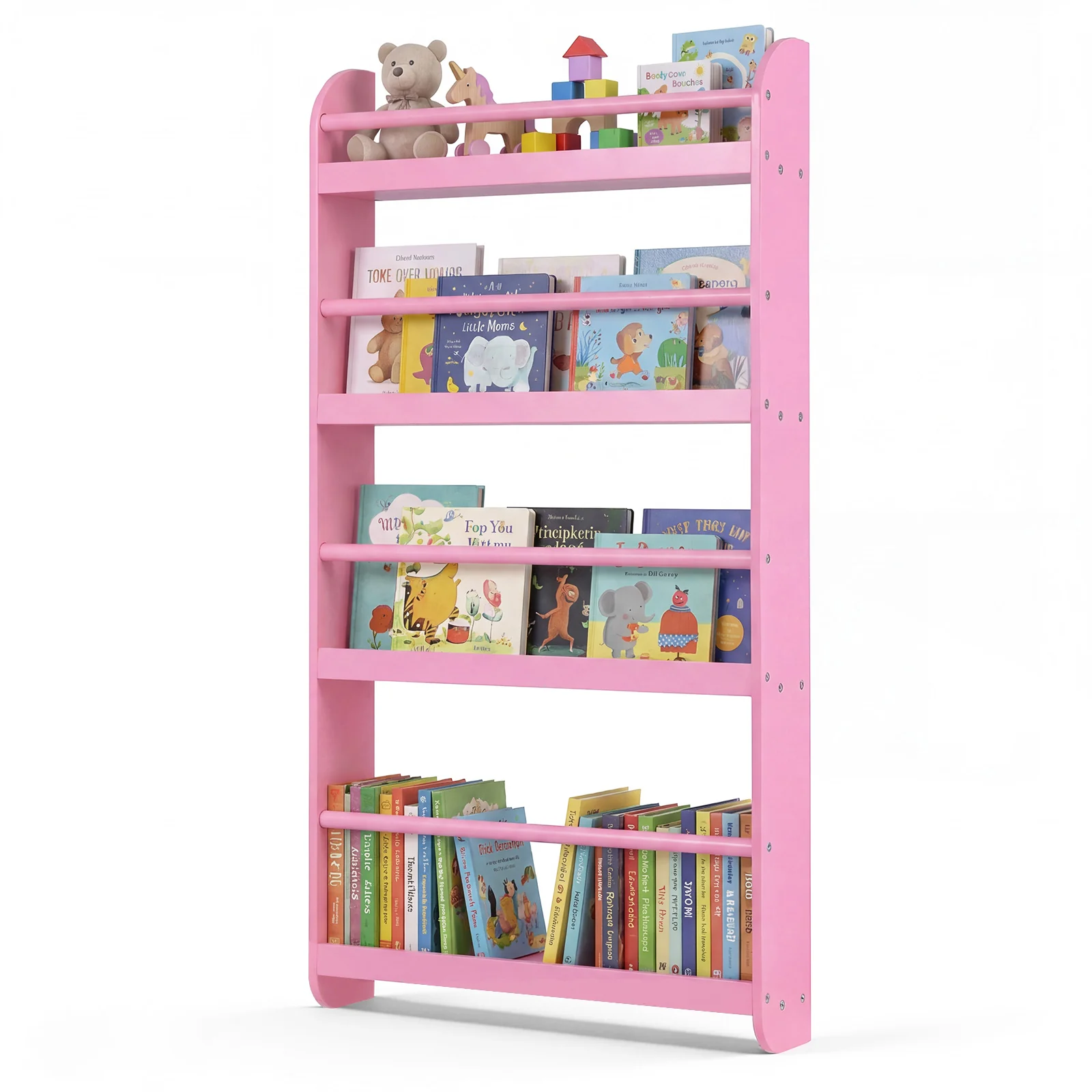 HONEY JOY Kids Bookshelf, 4-Tier Wall Mounted Bookshelf for Toys & Books