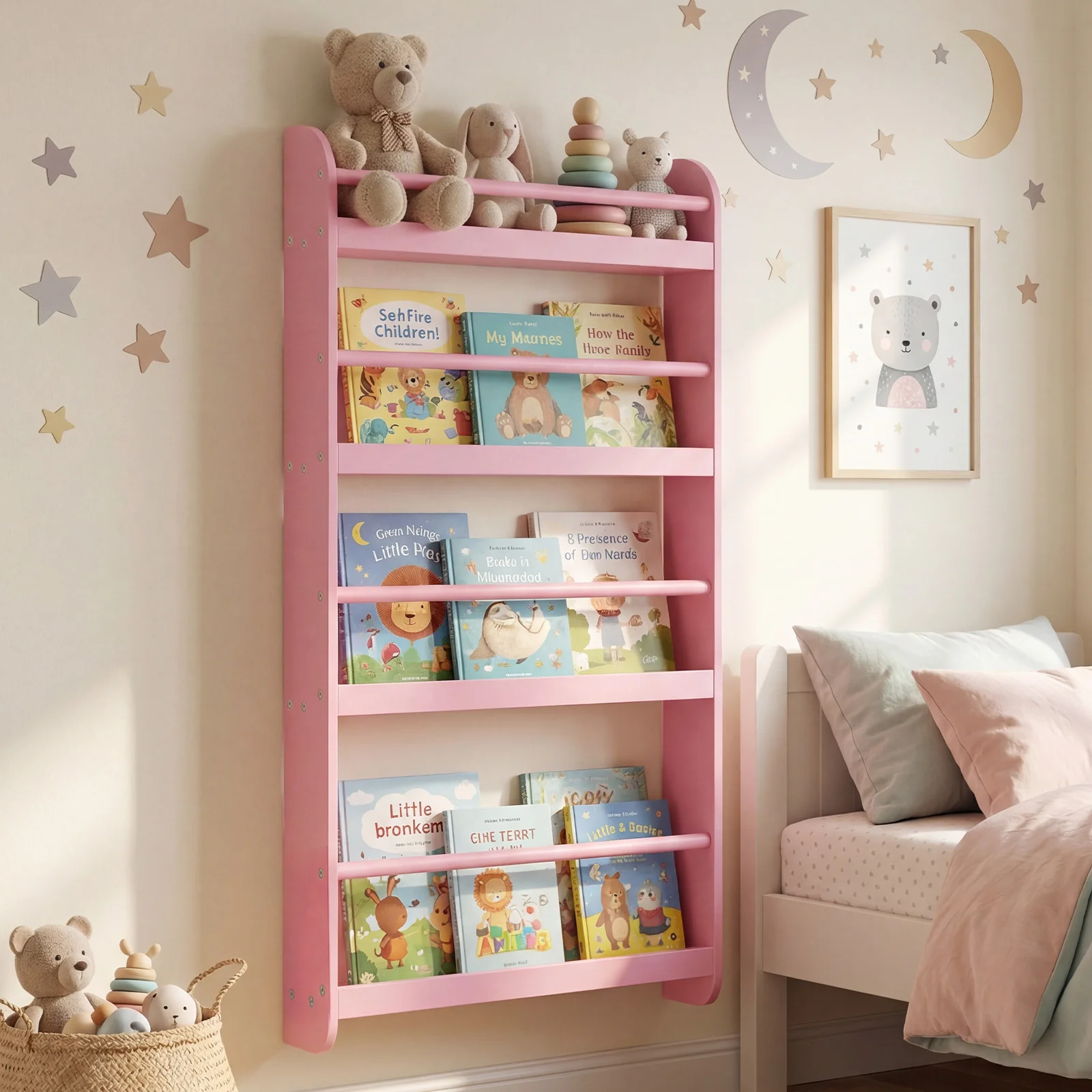 HONEY JOY Kids Bookshelf, 4-Tier Wall Mounted Bookshelf for Toys & Books - Image 2