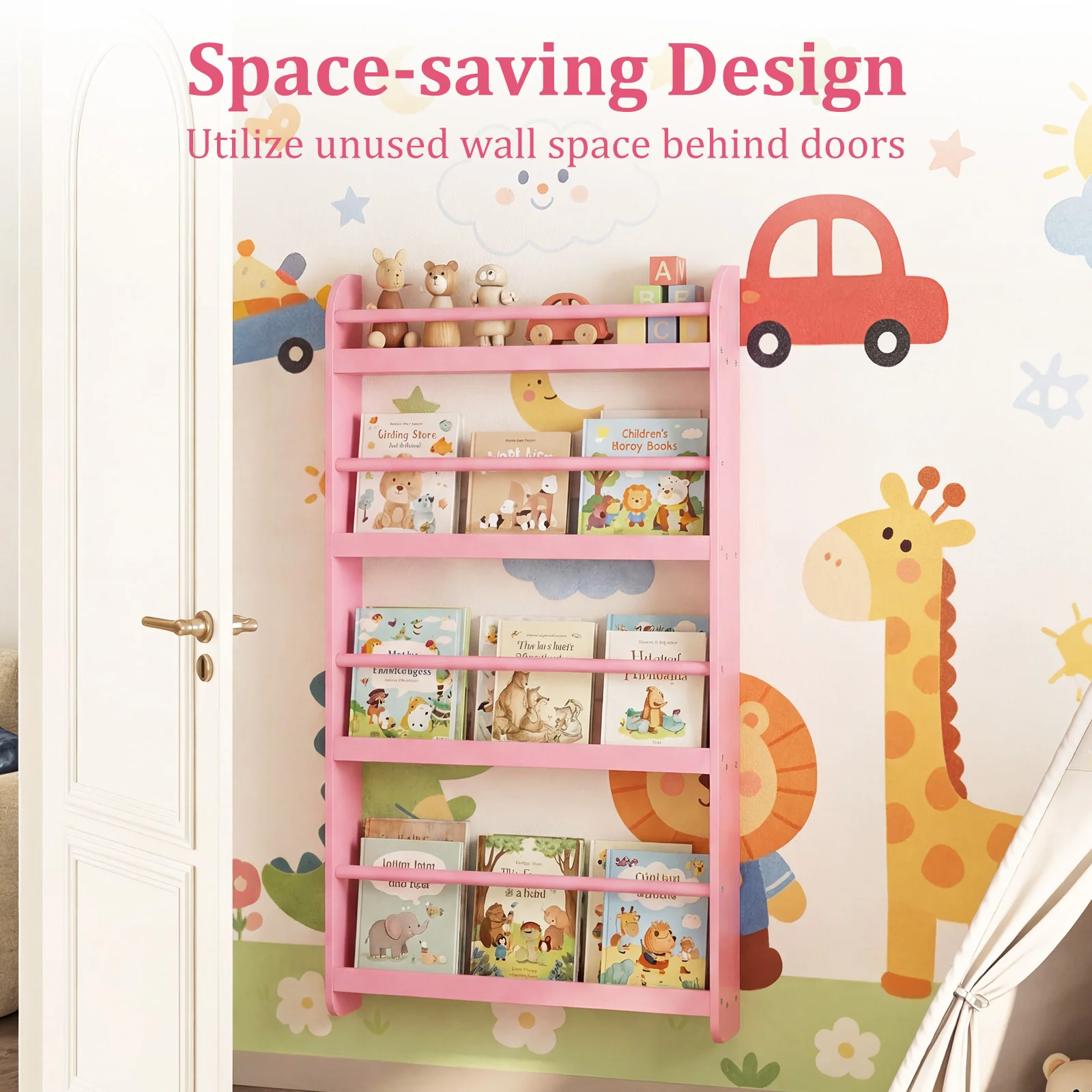HONEY JOY Kids Bookshelf, 4-Tier Wall Mounted Bookshelf for Toys & Books - Image 4
