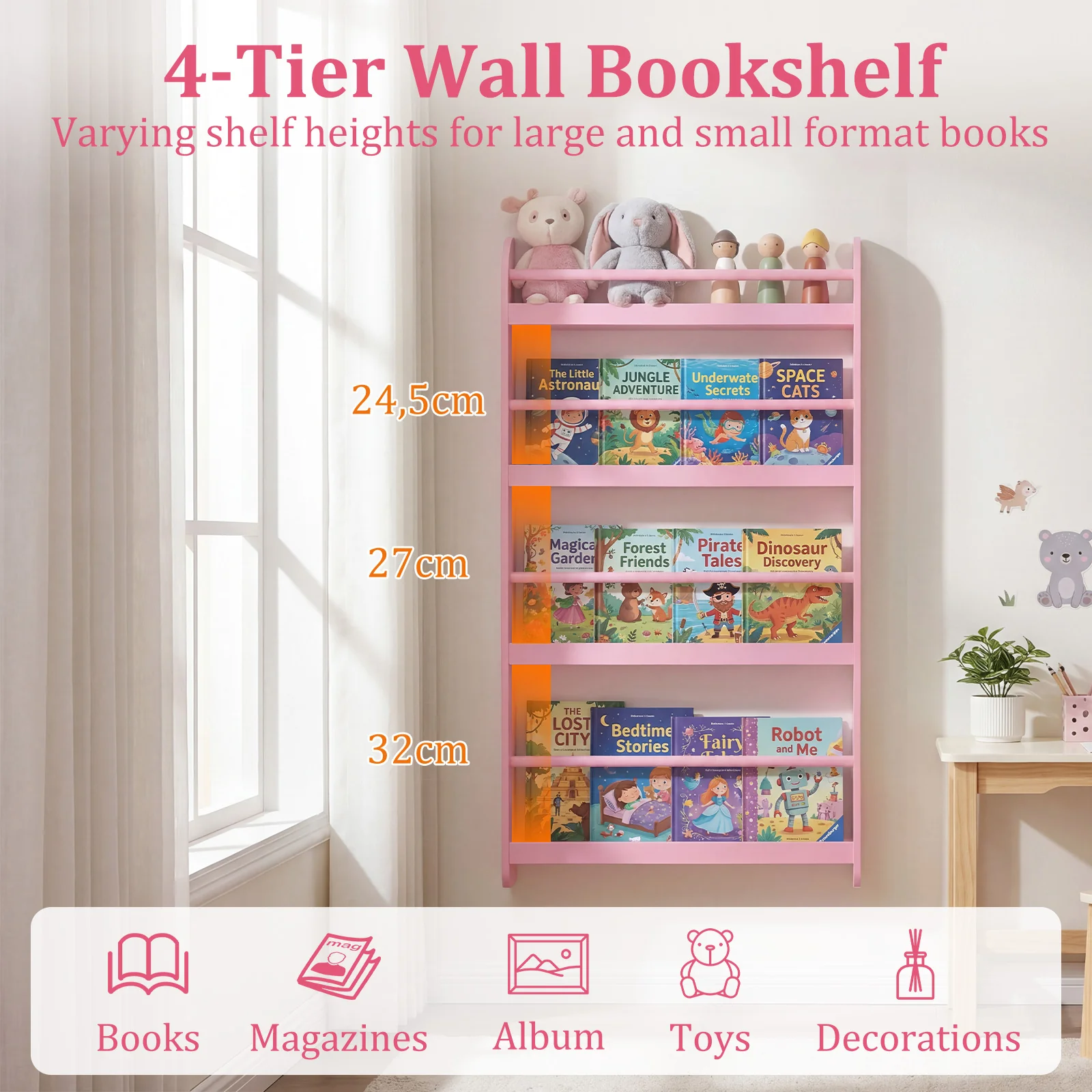 HONEY JOY Kids Bookshelf, 4-Tier Wall Mounted Bookshelf for Toys & Books - Image 5