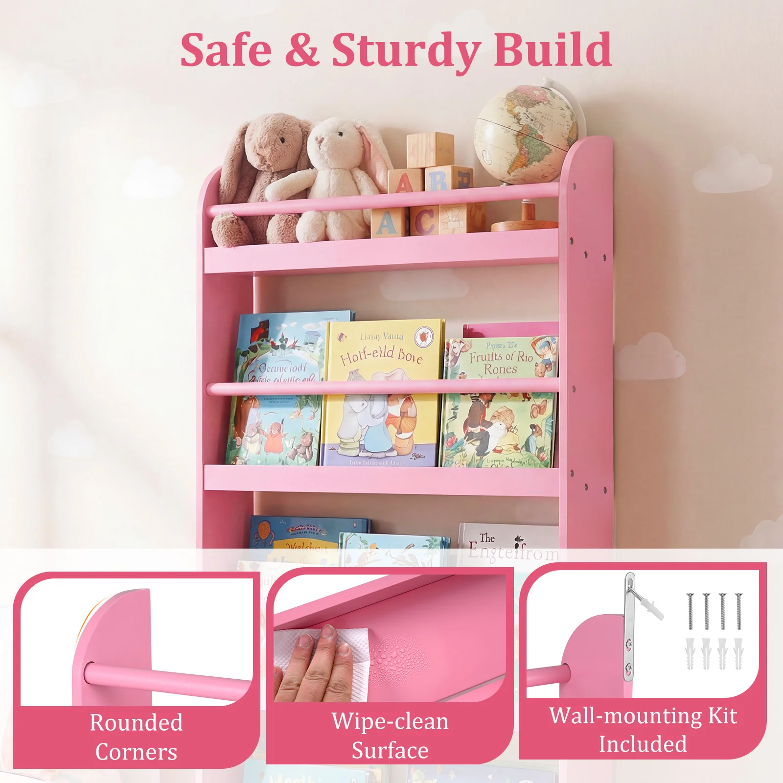 HONEY JOY Kids Bookshelf, 4-Tier Wall Mounted Bookshelf for Toys & Books - Image 7
