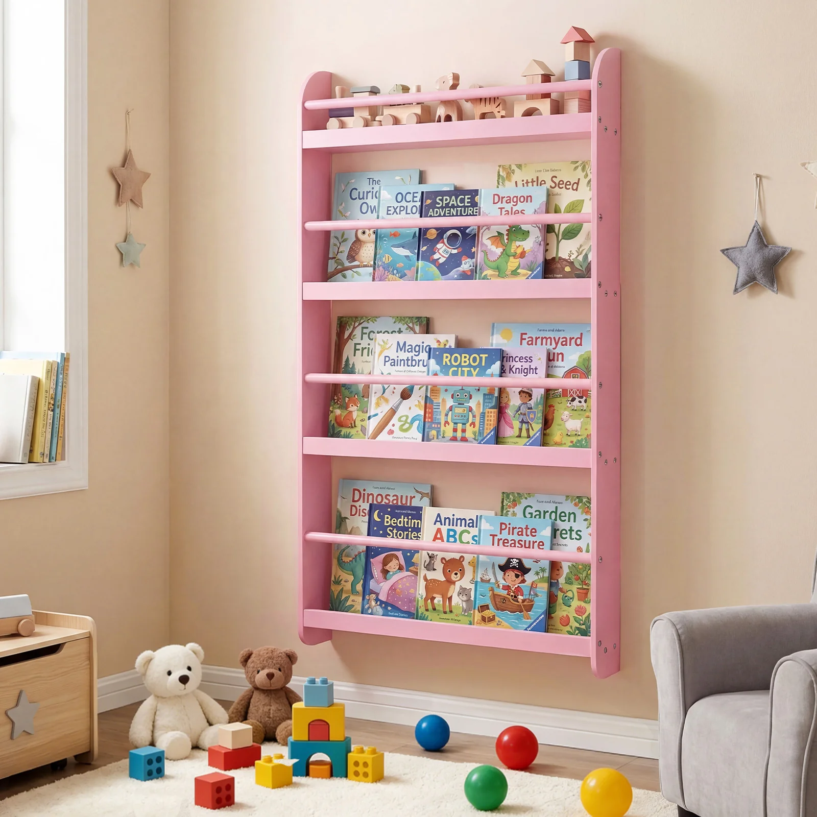 HONEY JOY Kids Bookshelf, 4-Tier Wall Mounted Bookshelf for Toys & Books - Image 8