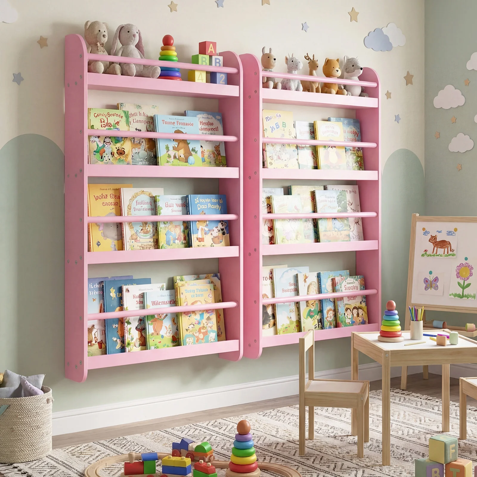 HONEY JOY Kids Bookshelf, 4-Tier Wall Mounted Bookshelf for Toys & Books - Image 9