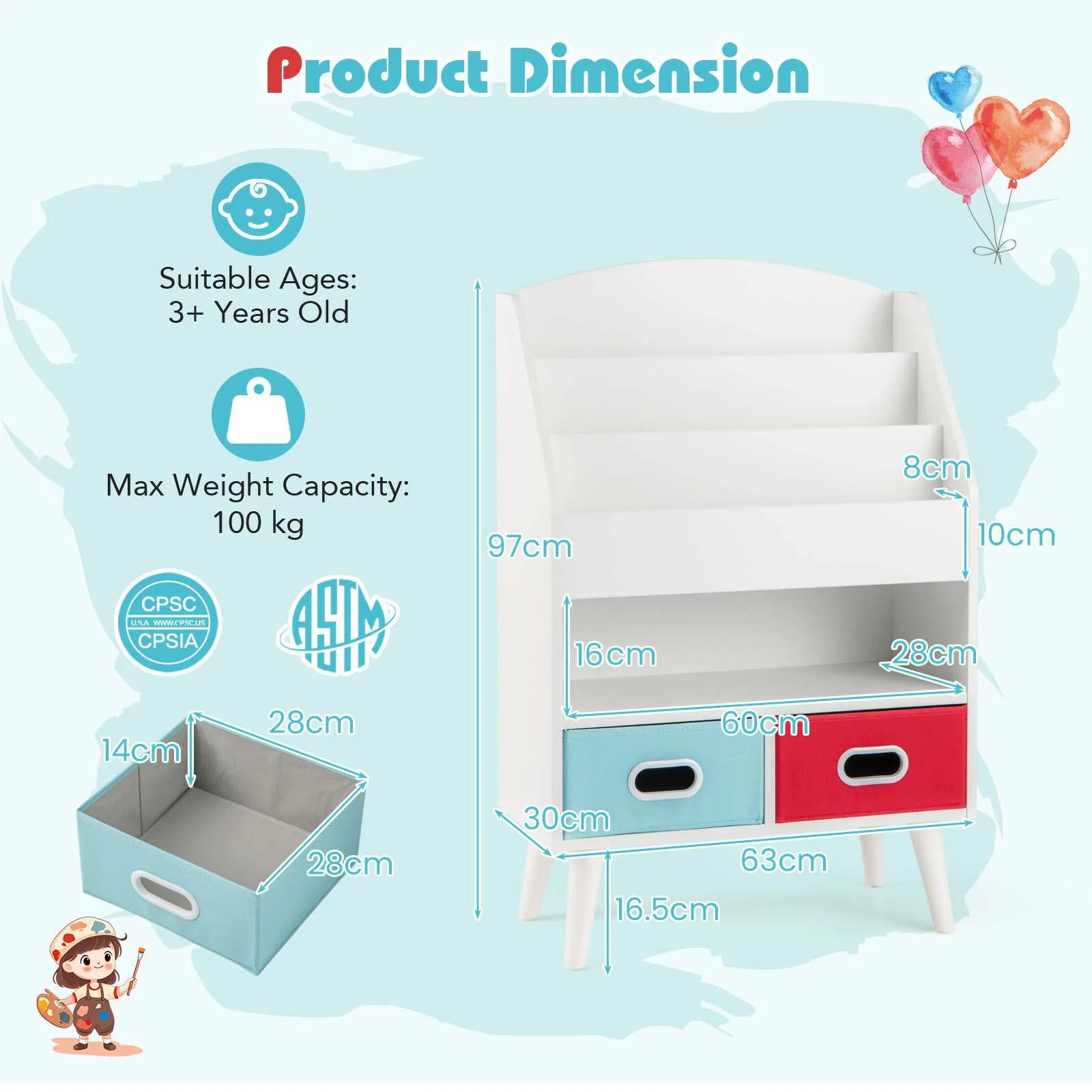 HONEY JOY Kids Bookshelf, Children Book Display Rack with 3-Tier Bookshelves, Open Compartment & 2 Fabric Drawers - Image 10