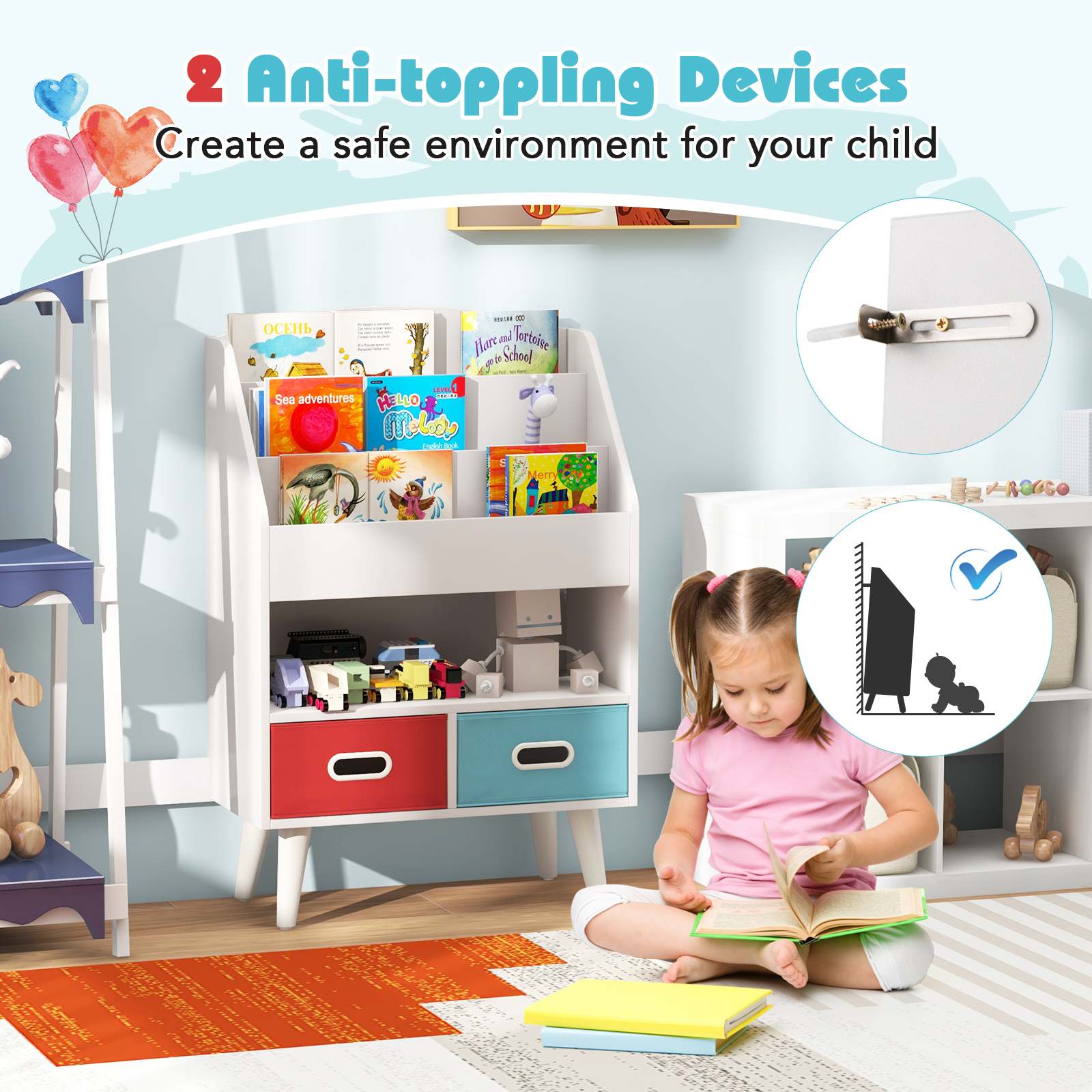 HONEY JOY Kids Bookshelf, Children Book Display Rack with 3-Tier Bookshelves, Open Compartment & 2 Fabric Drawers - Image 3