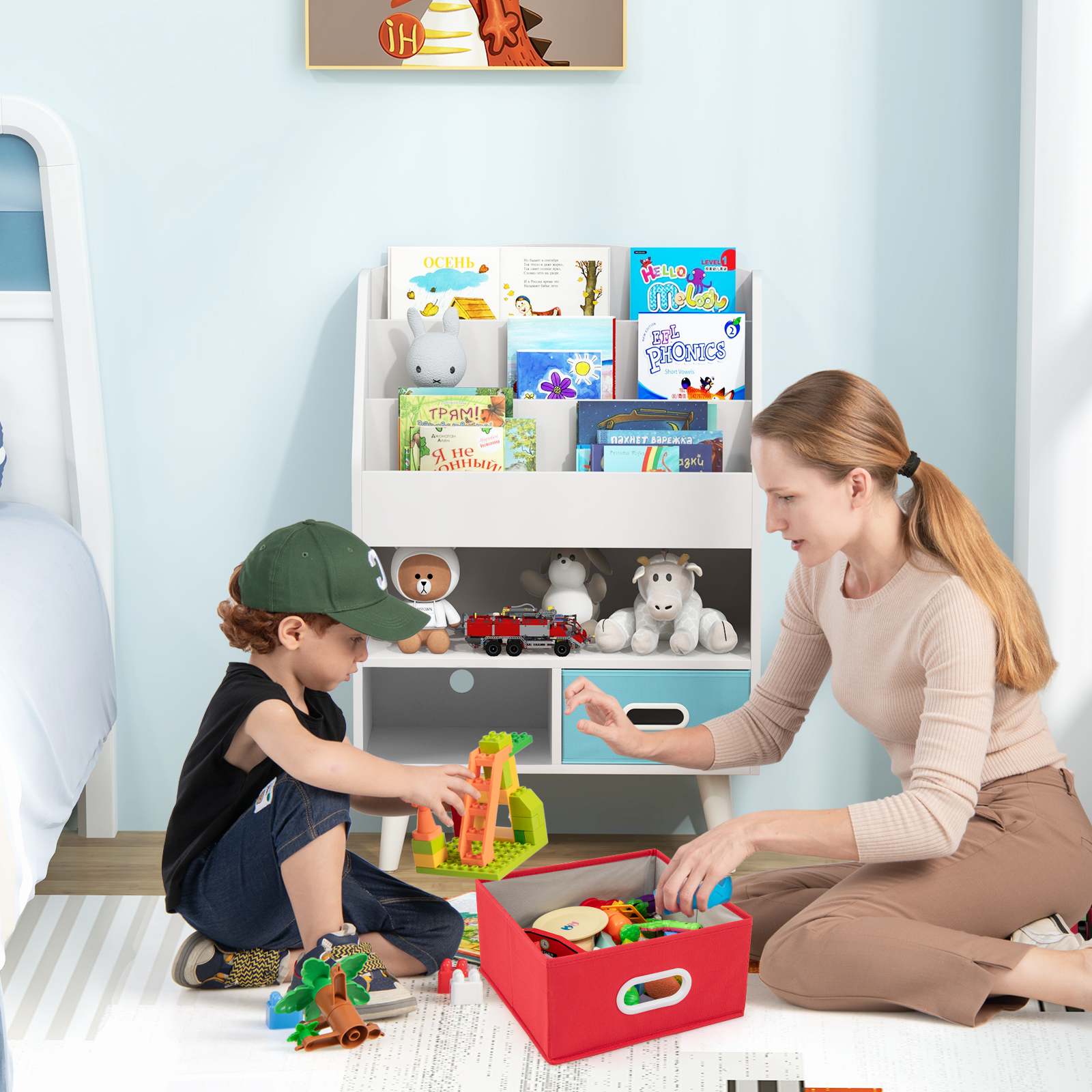 HONEY JOY Kids Bookshelf, Children Book Display Rack with 3-Tier Bookshelves, Open Compartment & 2 Fabric Drawers - Image 6