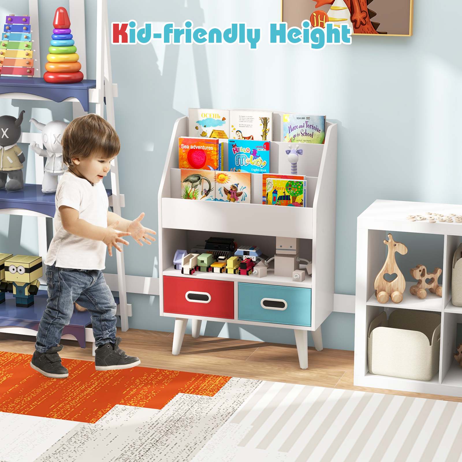 HONEY JOY Kids Bookshelf, Children Book Display Rack with 3-Tier Bookshelves, Open Compartment & 2 Fabric Drawers - Image 7