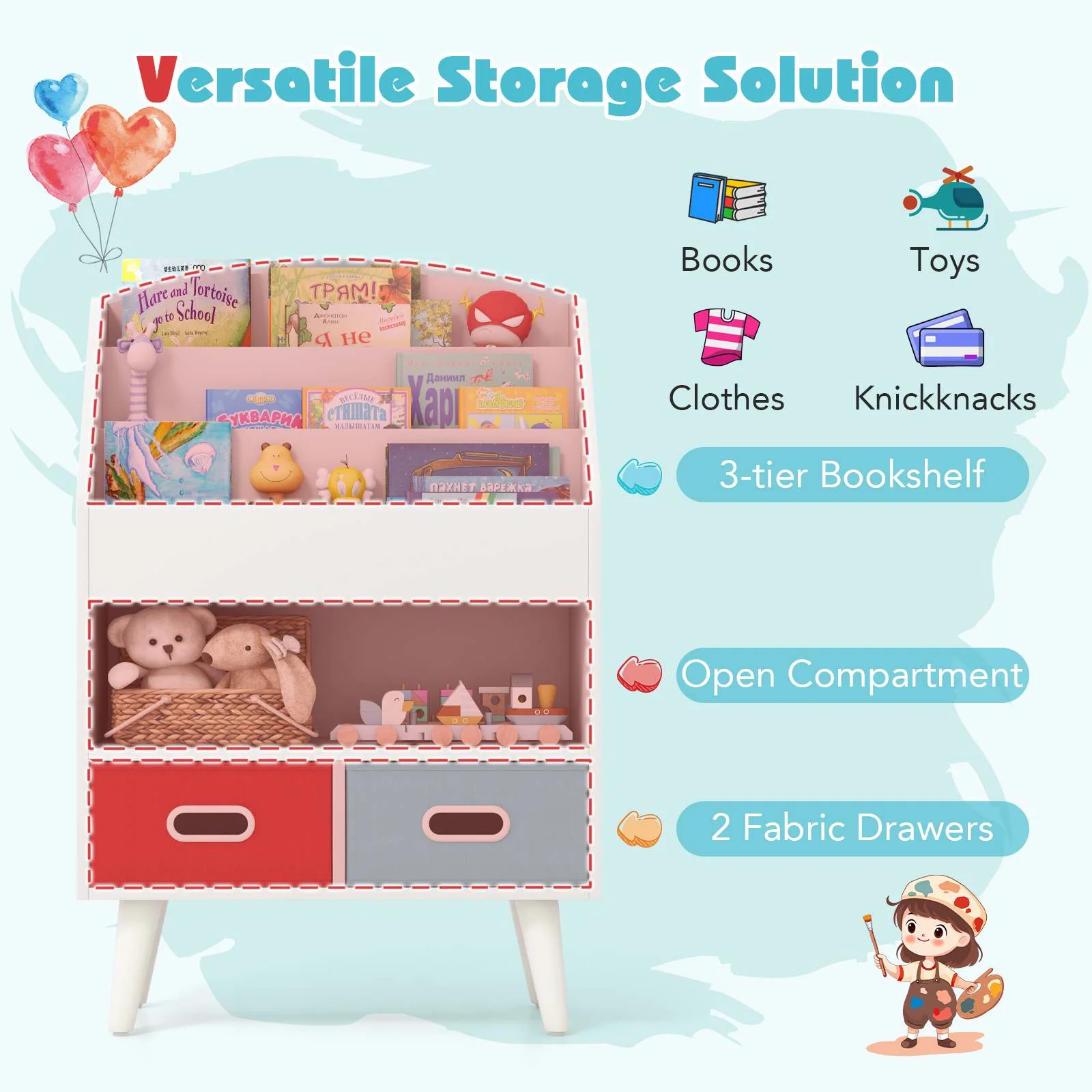 HONEY JOY Kids Bookshelf, Children Book Display Rack with 3-Tier Bookshelves, Open Compartment & 2 Fabric Drawers - Image 9