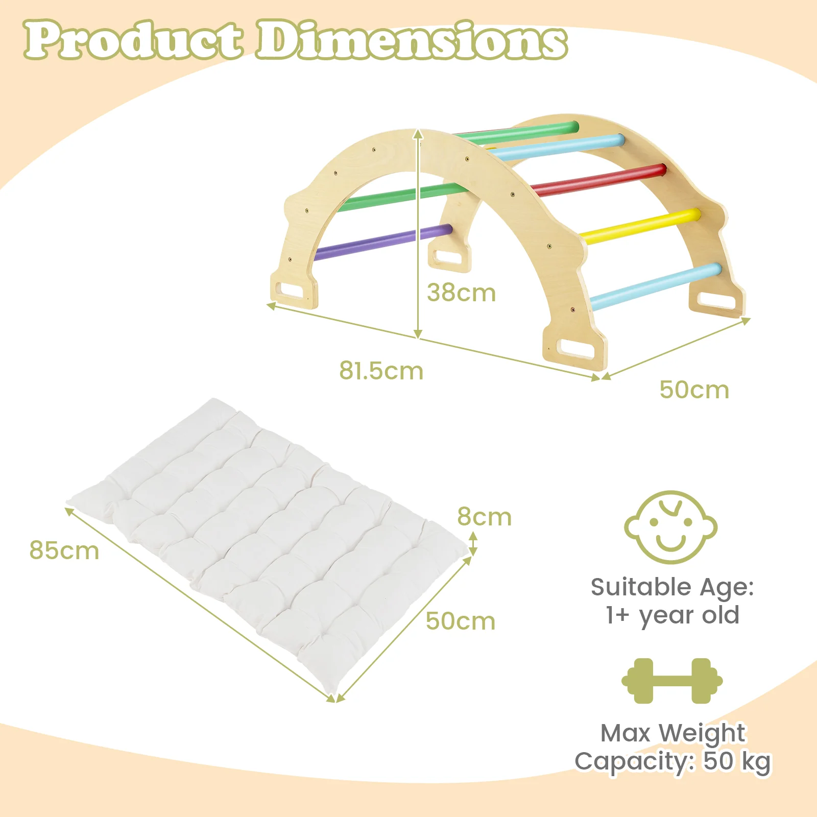 HONEY JOY Kids Climber Arch Rocker with Cushion, 4-In-1 Convertible Wooden Arch Climbing Ladder - Image 10