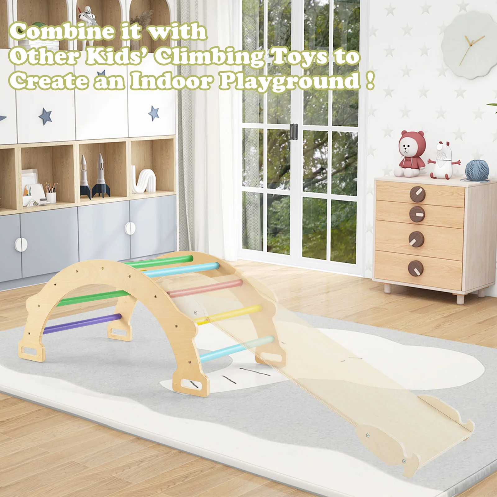 HONEY JOY Kids Climber Arch Rocker with Cushion, 4-In-1 Convertible Wooden Arch Climbing Ladder - Image 3
