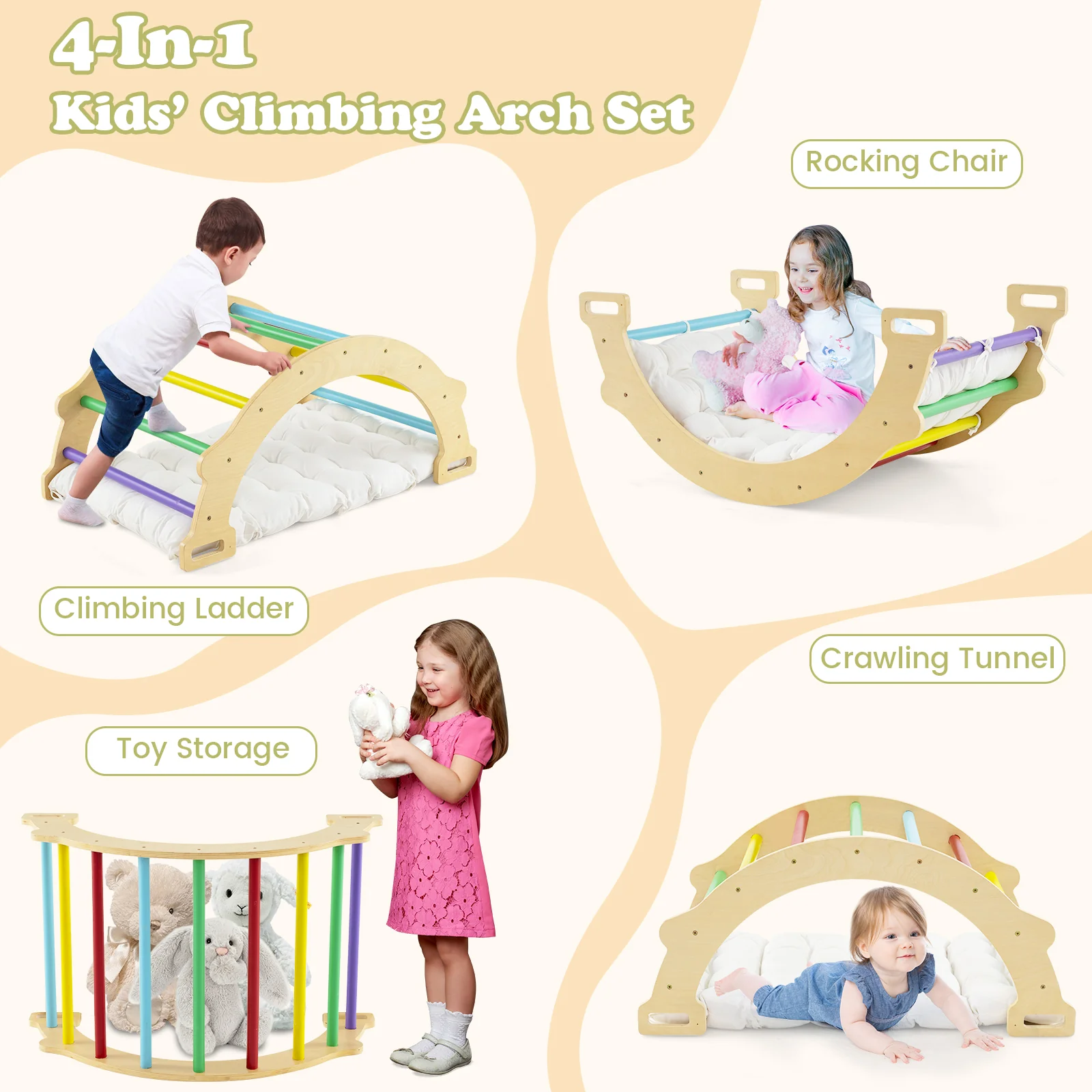HONEY JOY Kids Climber Arch Rocker with Cushion, 4-In-1 Convertible Wooden Arch Climbing Ladder - Image 4