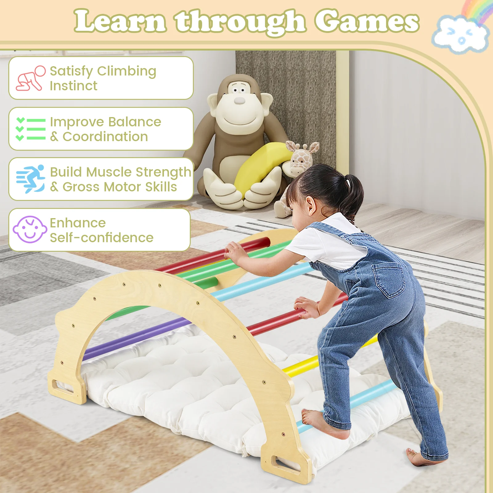 HONEY JOY Kids Climber Arch Rocker with Cushion, 4-In-1 Convertible Wooden Arch Climbing Ladder - Image 5