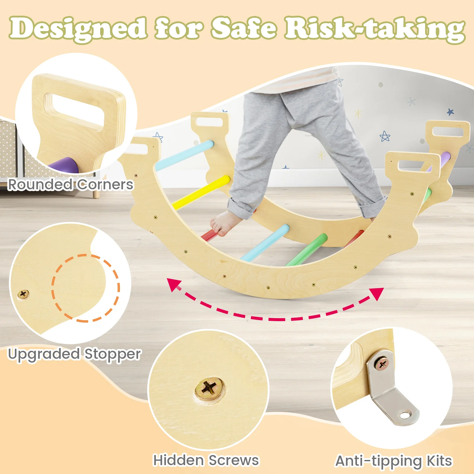 HONEY JOY Kids Climber Arch Rocker with Cushion, 4-In-1 Convertible Wooden Arch Climbing Ladder - Image 7