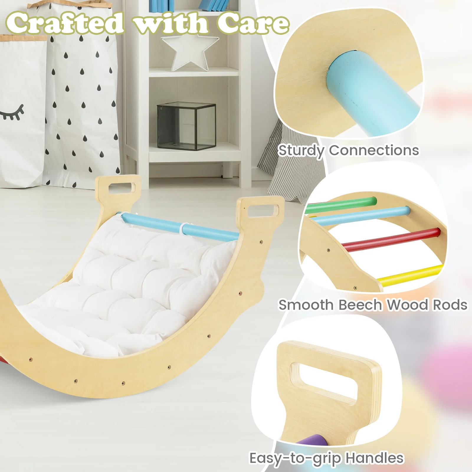HONEY JOY Kids Climber Arch Rocker with Cushion, 4-In-1 Convertible Wooden Arch Climbing Ladder - Image 9