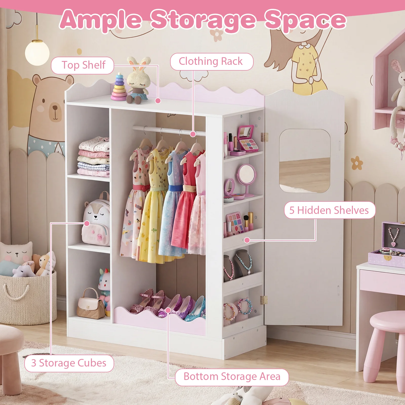 HONEY JOY Kids Clothing Rack with Mirror, Children Dress Up Center - Image 7