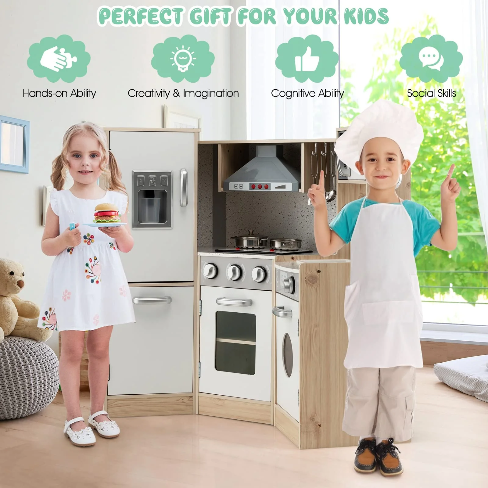 HONEY JOY Kids Corner Kitchen Playset, 9-in-1 Wooden Pretend Play Kitchen Toy Set - Image 3