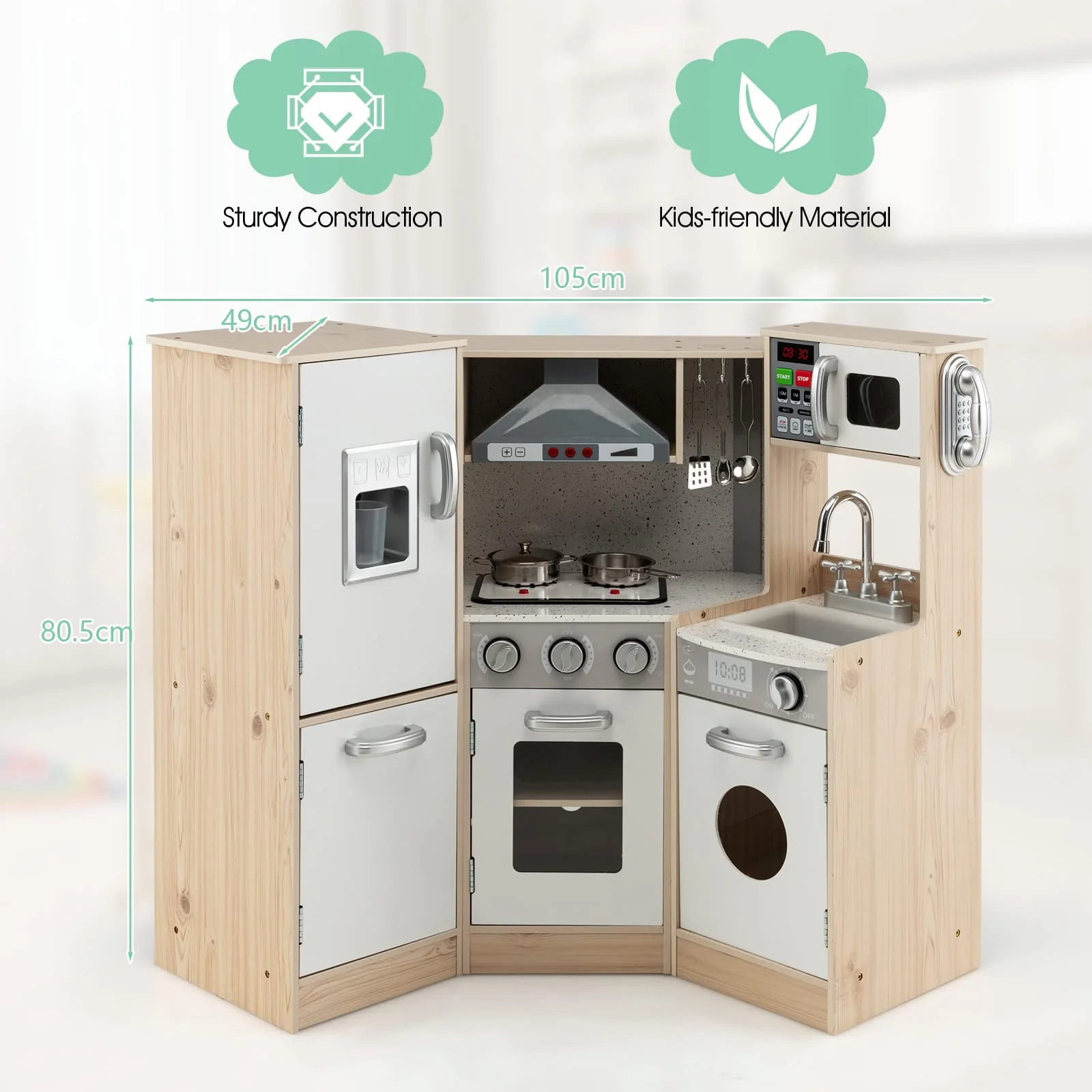 HONEY JOY Kids Corner Kitchen Playset, 9-in-1 Wooden Pretend Play Kitchen Toy Set - Image 6
