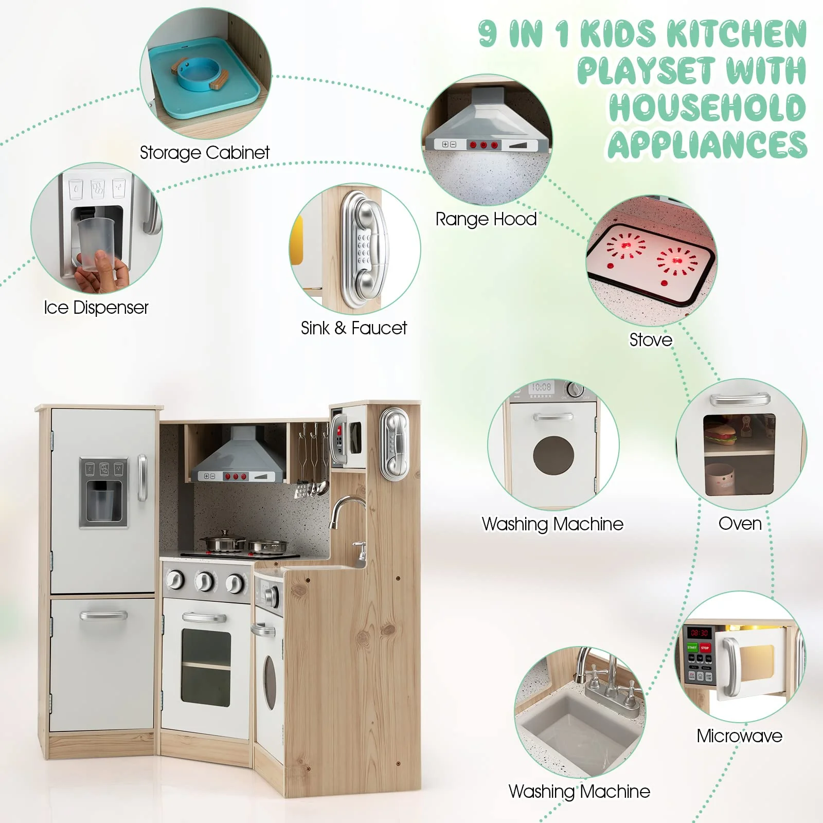HONEY JOY Kids Corner Kitchen Playset, 9-in-1 Wooden Pretend Play Kitchen Toy Set - Image 7