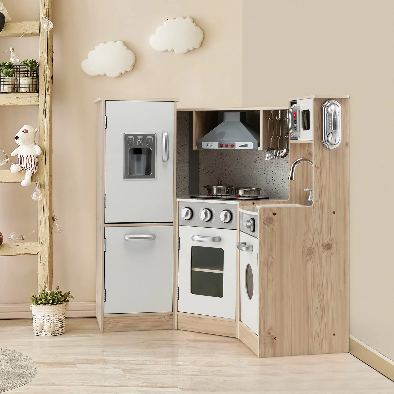 HONEY JOY Kids Corner Kitchen Playset, 9-in-1 Wooden Pretend Play Kitchen Toy Set - Image 9