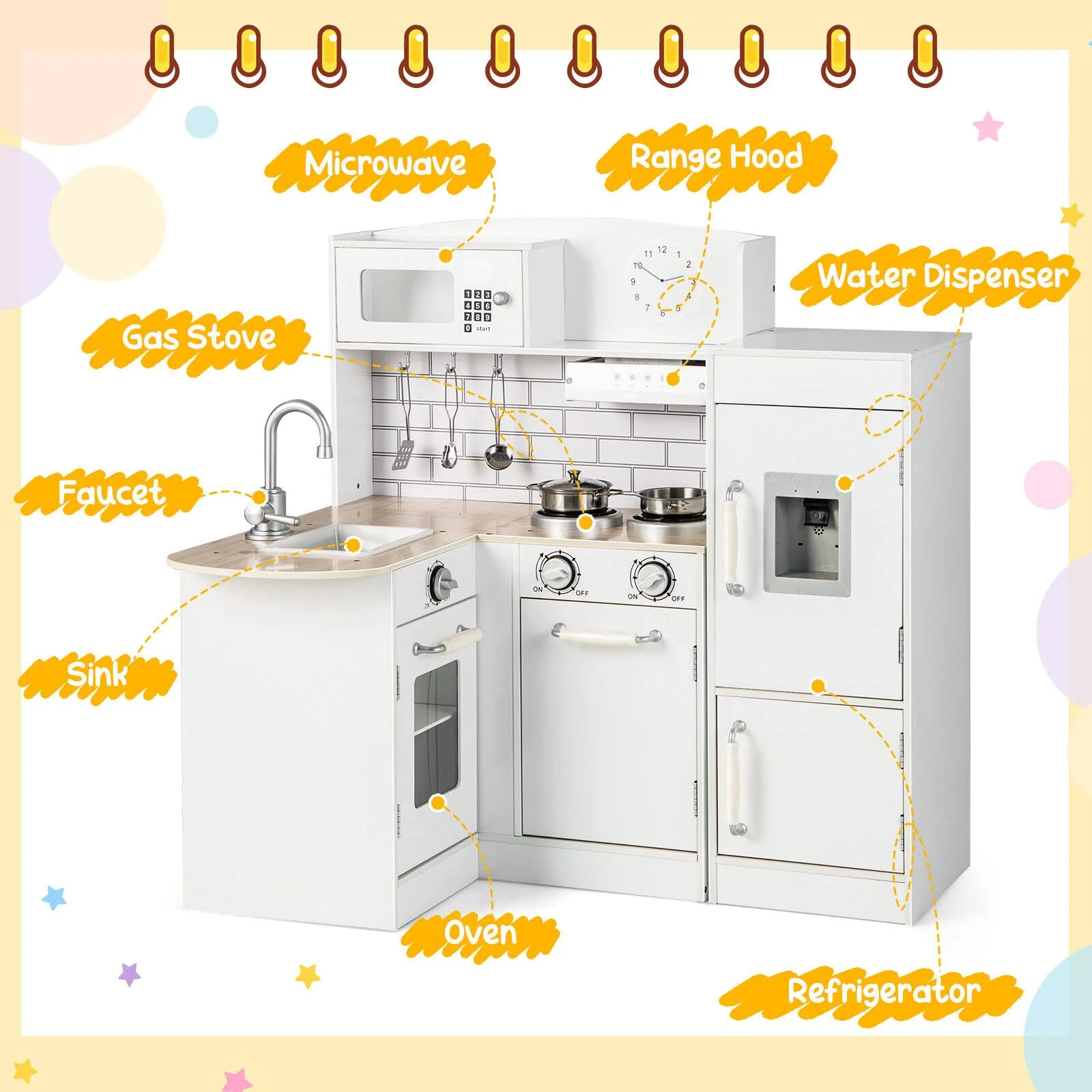HONEY JOY Kids Corner Kitchen Playset, Wooden Play Kitchen Toy Set w/Realistic Microwave, Oven - Image 4