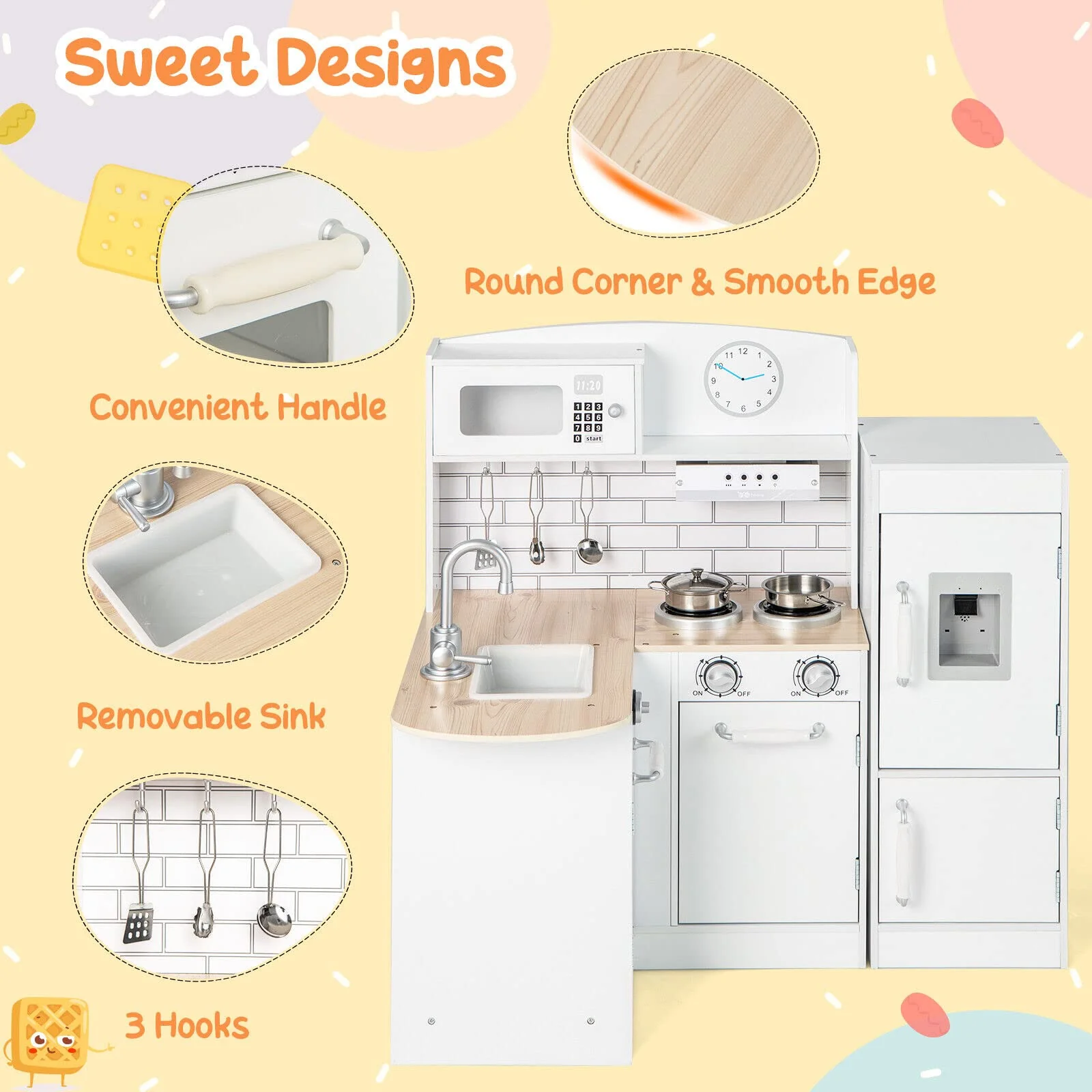 HONEY JOY Kids Corner Kitchen Playset, Wooden Play Kitchen Toy Set w/Realistic Microwave, Oven - Image 5