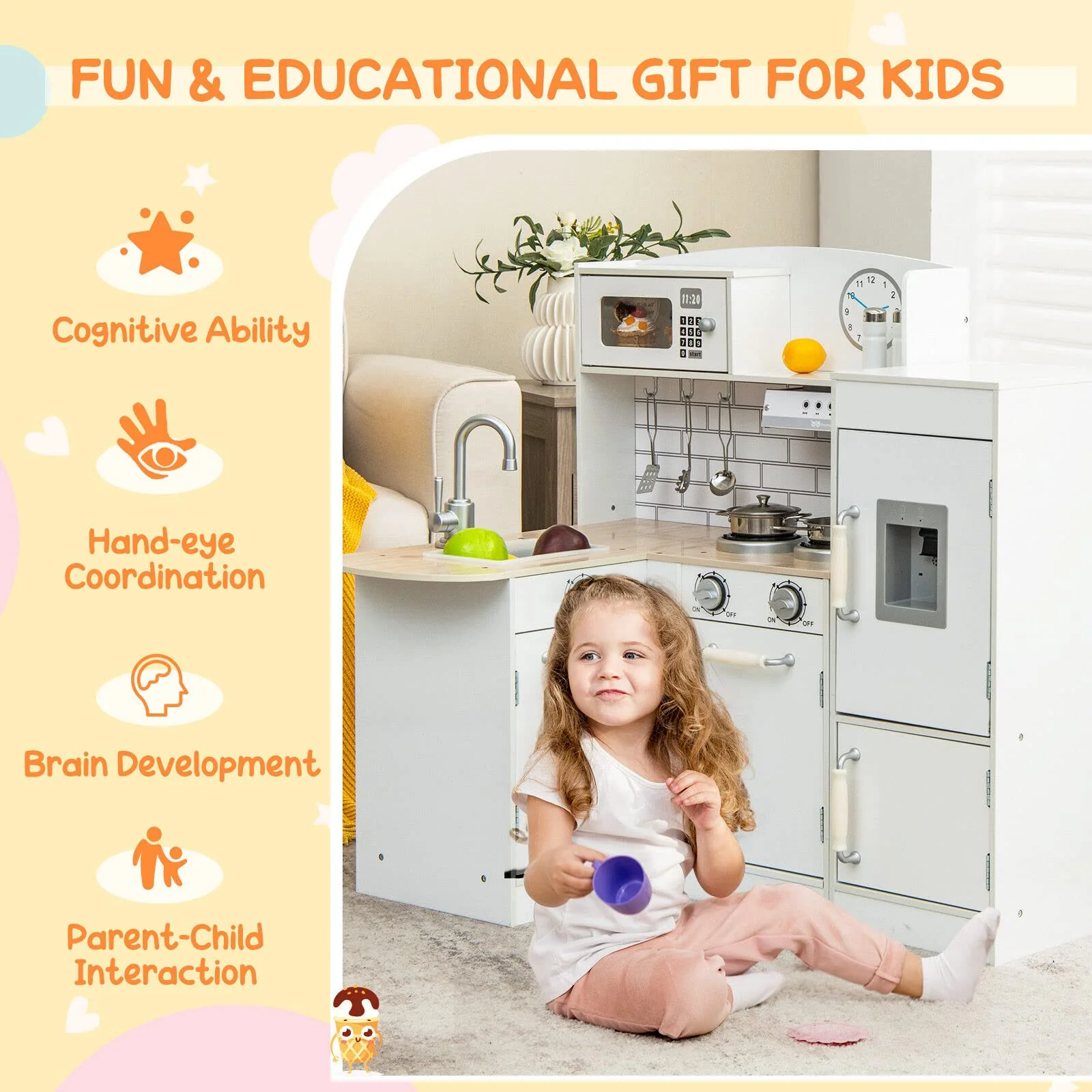 HONEY JOY Kids Corner Kitchen Playset, Wooden Play Kitchen Toy Set w/Realistic Microwave, Oven - Image 7