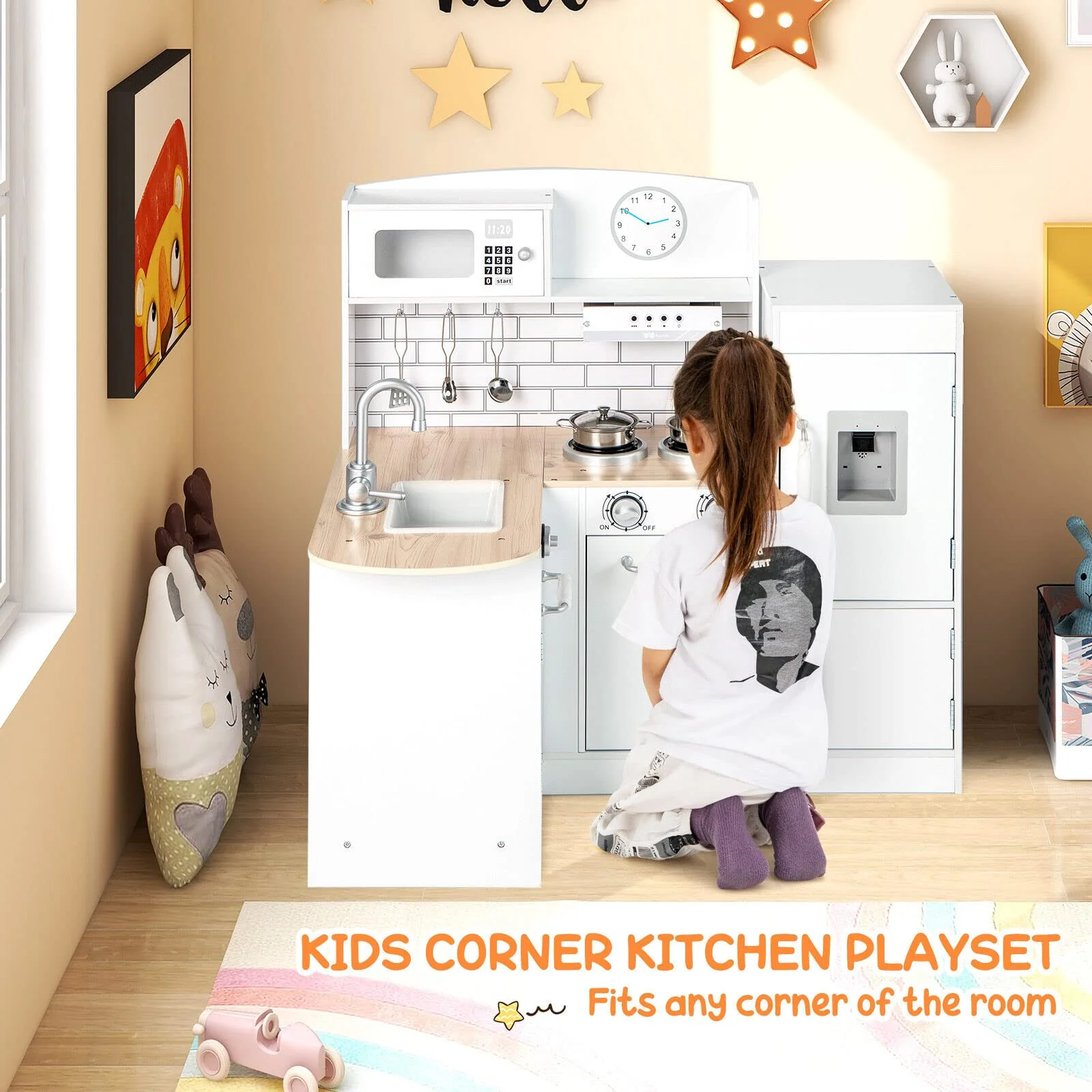 HONEY JOY Kids Corner Kitchen Playset, Wooden Play Kitchen Toy Set w/Realistic Microwave, Oven - Image 9