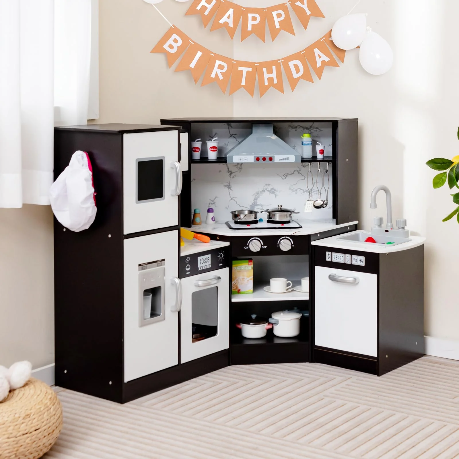 HONEY JOY Kids Corner Kitchen Playset, Wooden Pretend Play Kitchen