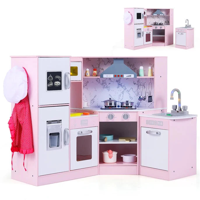 HONEY JOY Kids Corner Kitchen Playset, Wooden Pretend Play Kitchen - Image 10