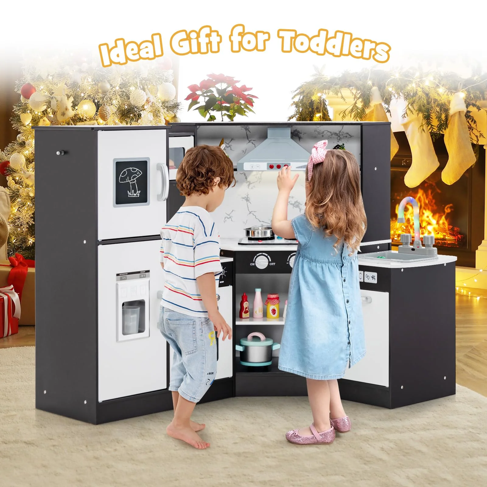 HONEY JOY Kids Corner Kitchen Playset, Wooden Pretend Play Kitchen - Image 2
