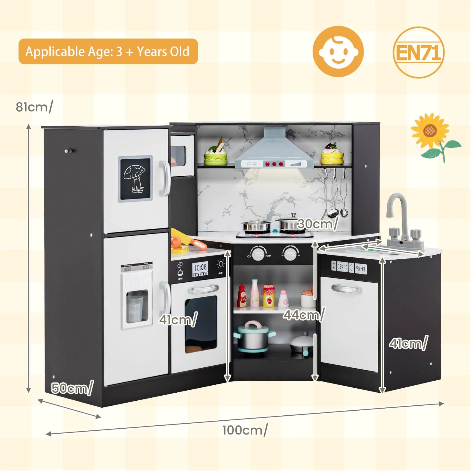 HONEY JOY Kids Corner Kitchen Playset, Wooden Pretend Play Kitchen - Image 7