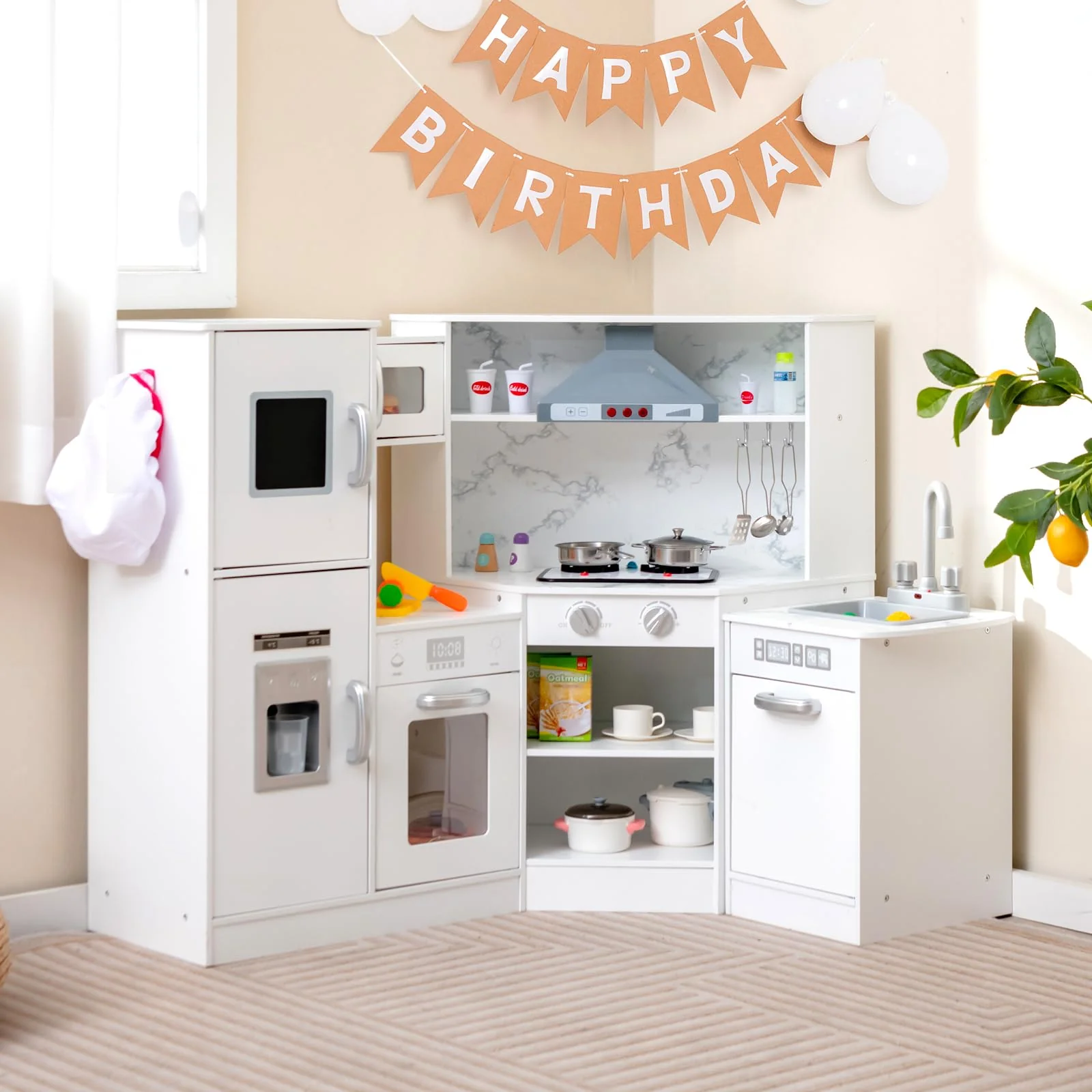 HONEY JOY Kids Corner Kitchen Playset, Wooden Pretend Play Kitchen - Image 9