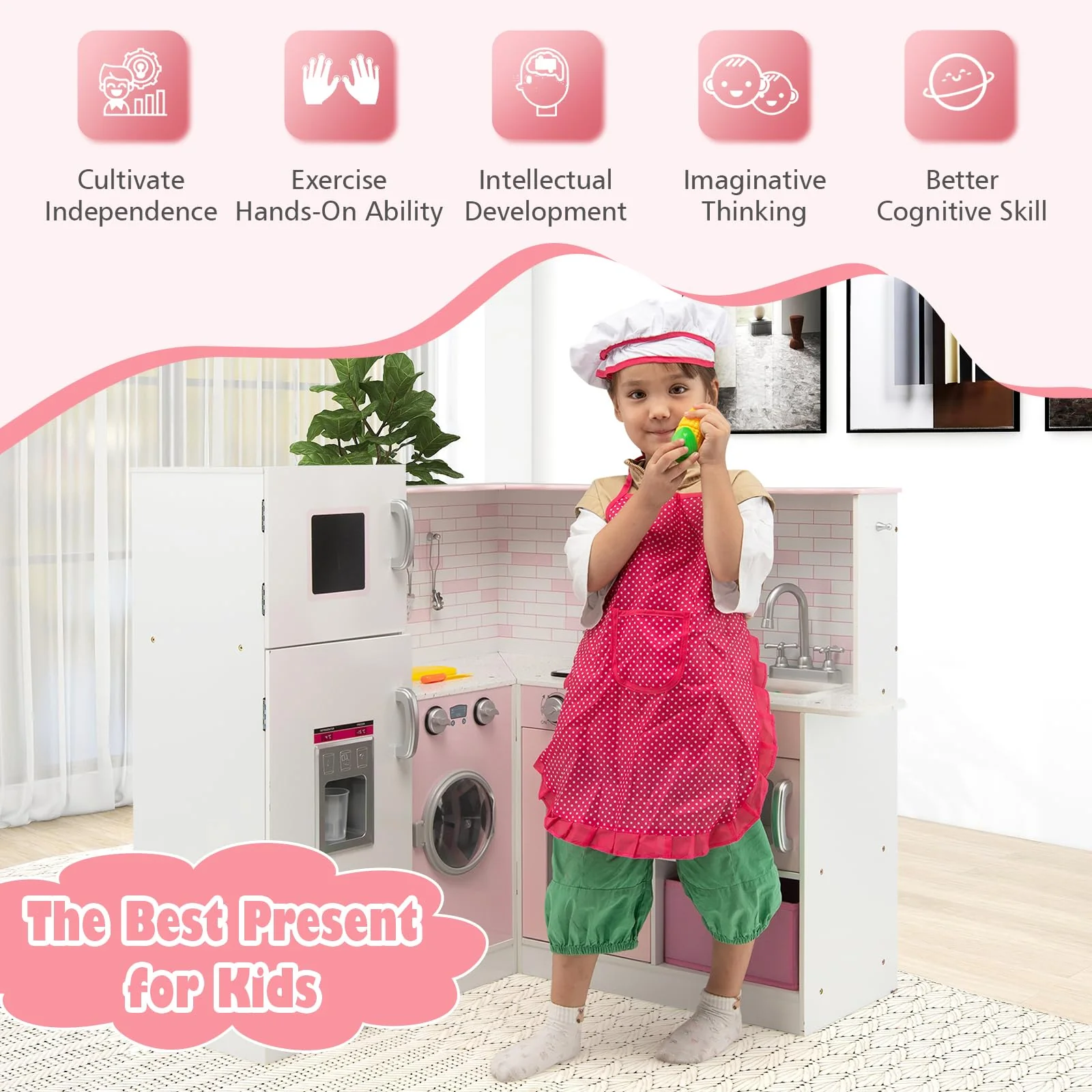 HONEY JOY Kids Corner Kitchen Playset, Wooden Pretend Play Kitchen Toy Set - Image 2