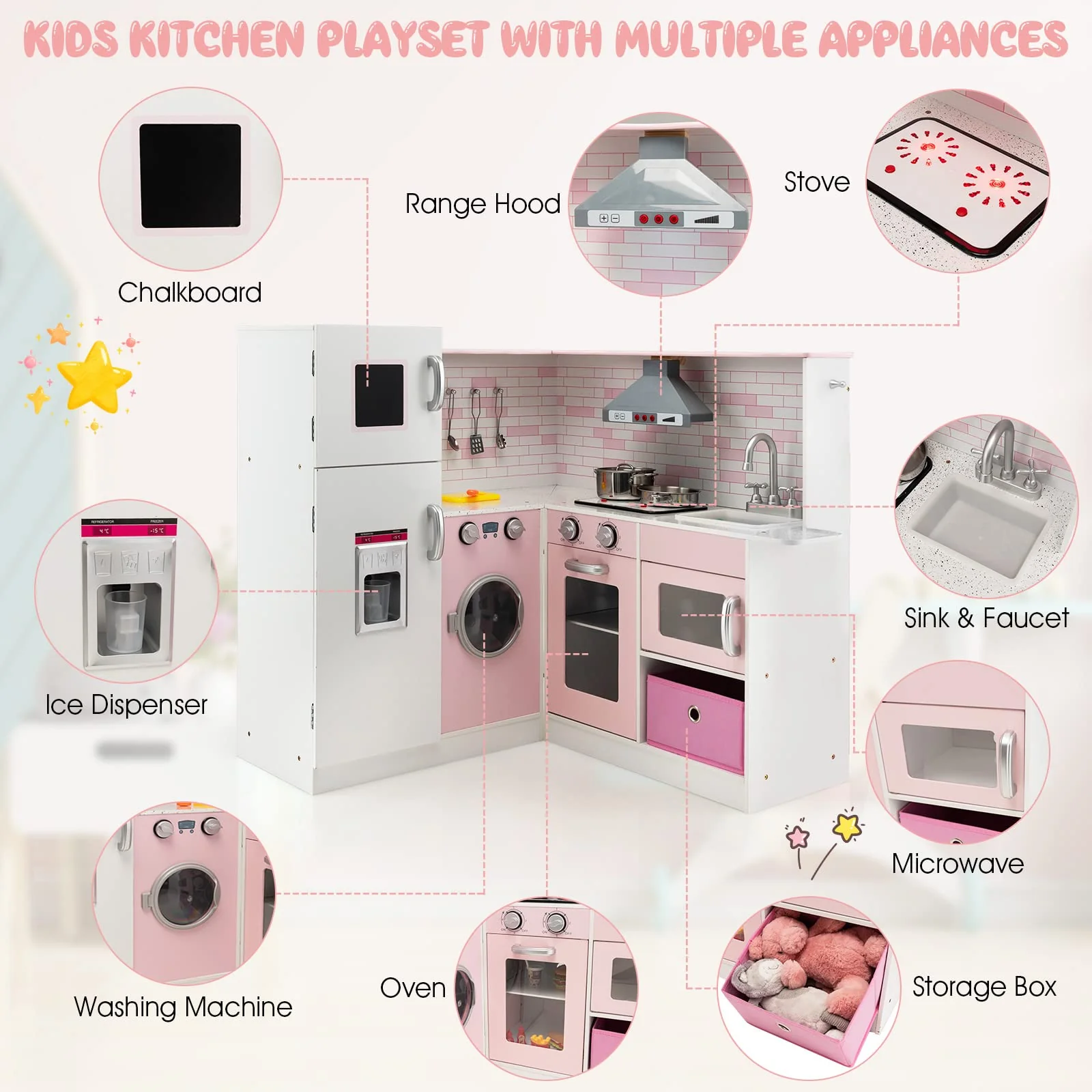 HONEY JOY Kids Corner Kitchen Playset, Wooden Pretend Play Kitchen Toy Set - Image 6
