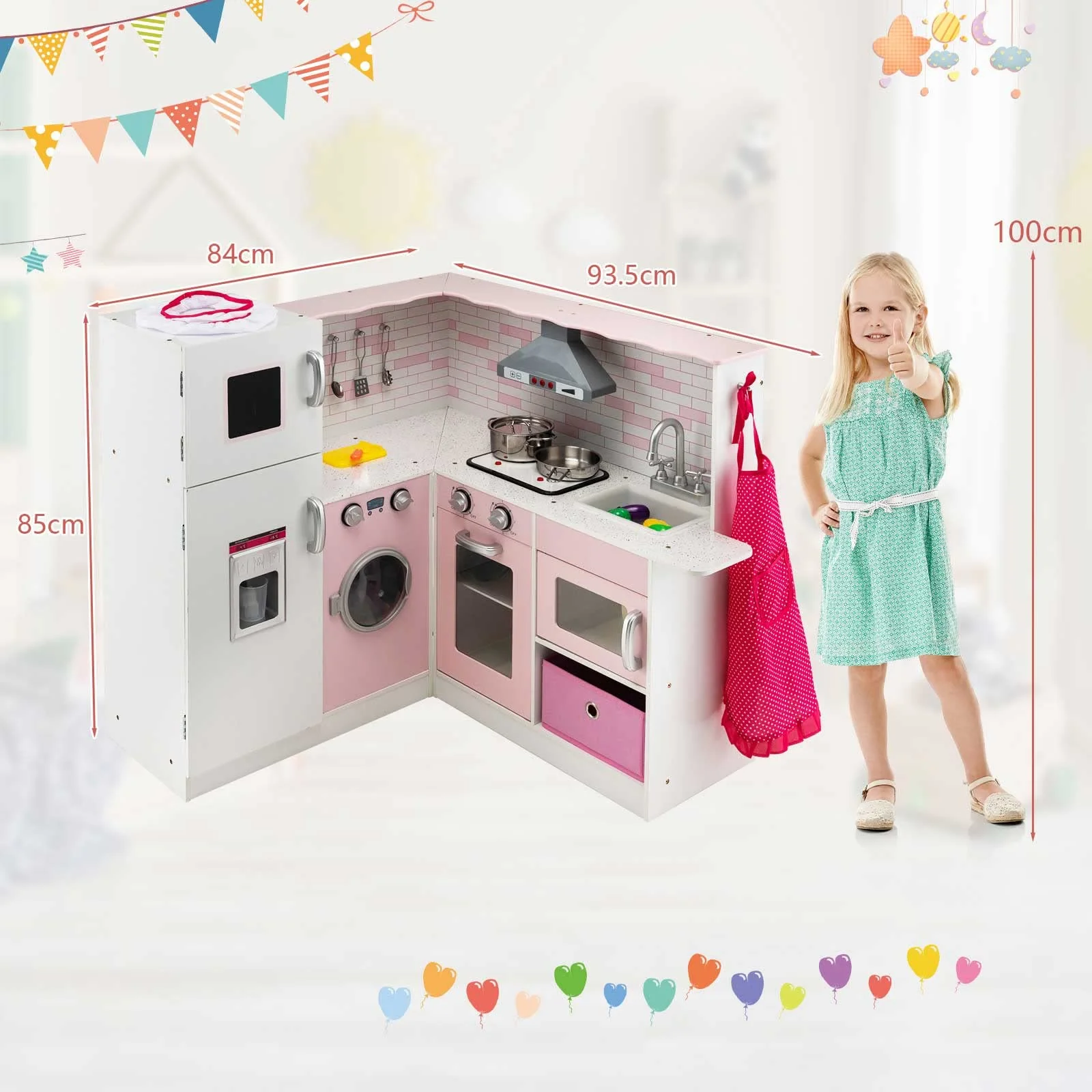 HONEY JOY Kids Corner Kitchen Playset, Wooden Pretend Play Kitchen Toy Set - Image 7