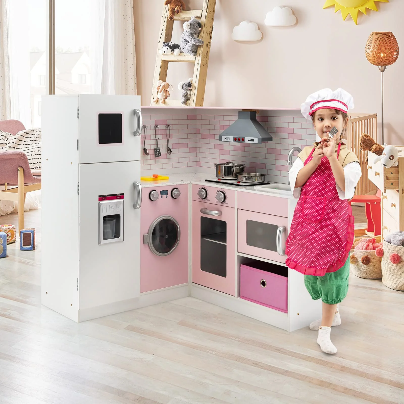 HONEY JOY Kids Corner Kitchen Playset, Wooden Pretend Play Kitchen Toy Set - Image 9