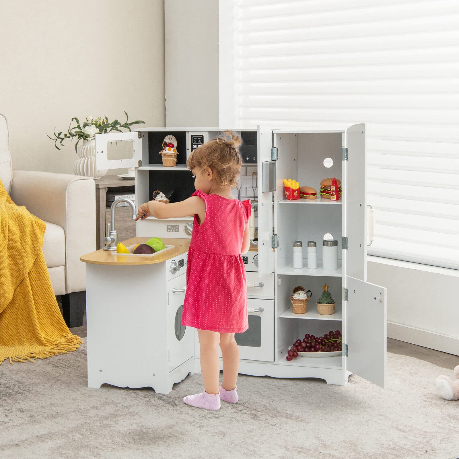 HONEY JOY Kids Corner Kitchen Playset, Wooden Pretend Playset w/Realistic Washing Machine, Microwave Oven - Image 3