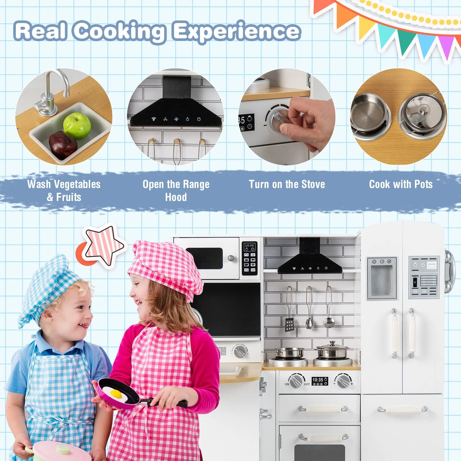 HONEY JOY Kids Corner Kitchen Playset, Wooden Pretend Playset w/Realistic Washing Machine, Microwave Oven - Image 4
